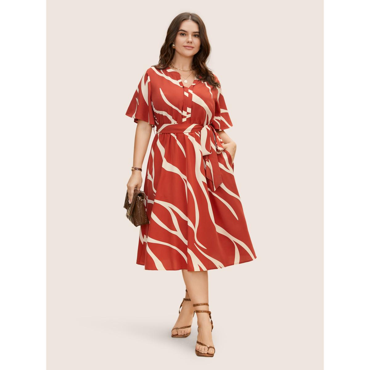 Plus Size Geometric Surplice Neck Tie Knot Midi Dress Rust Women Office Belted Flat collar with V-notch Short sleeve Curvy BloomChic 14-16/1X Product Image