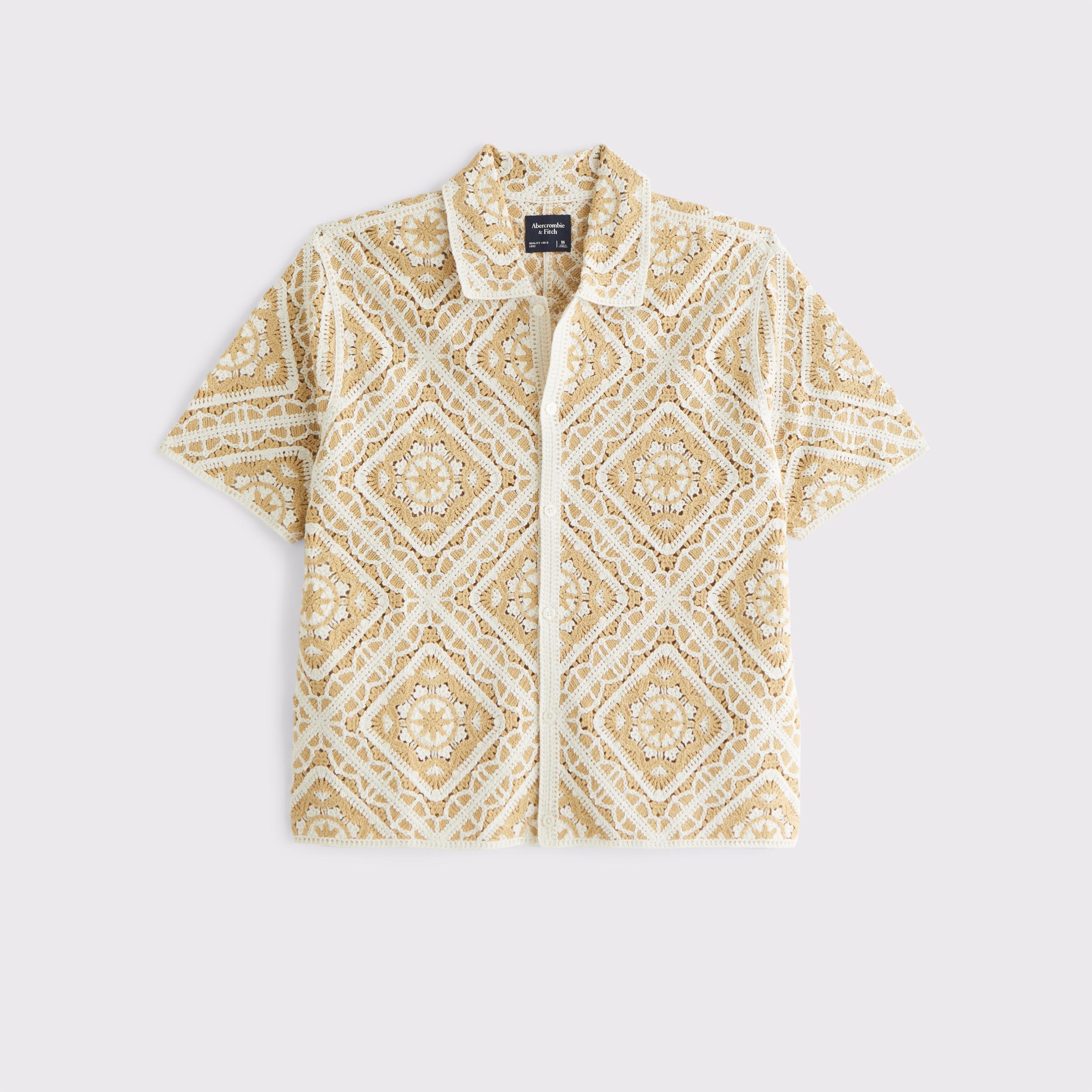 Crochet-Style Border Stripe Button-Through Sweater Polo Product Image