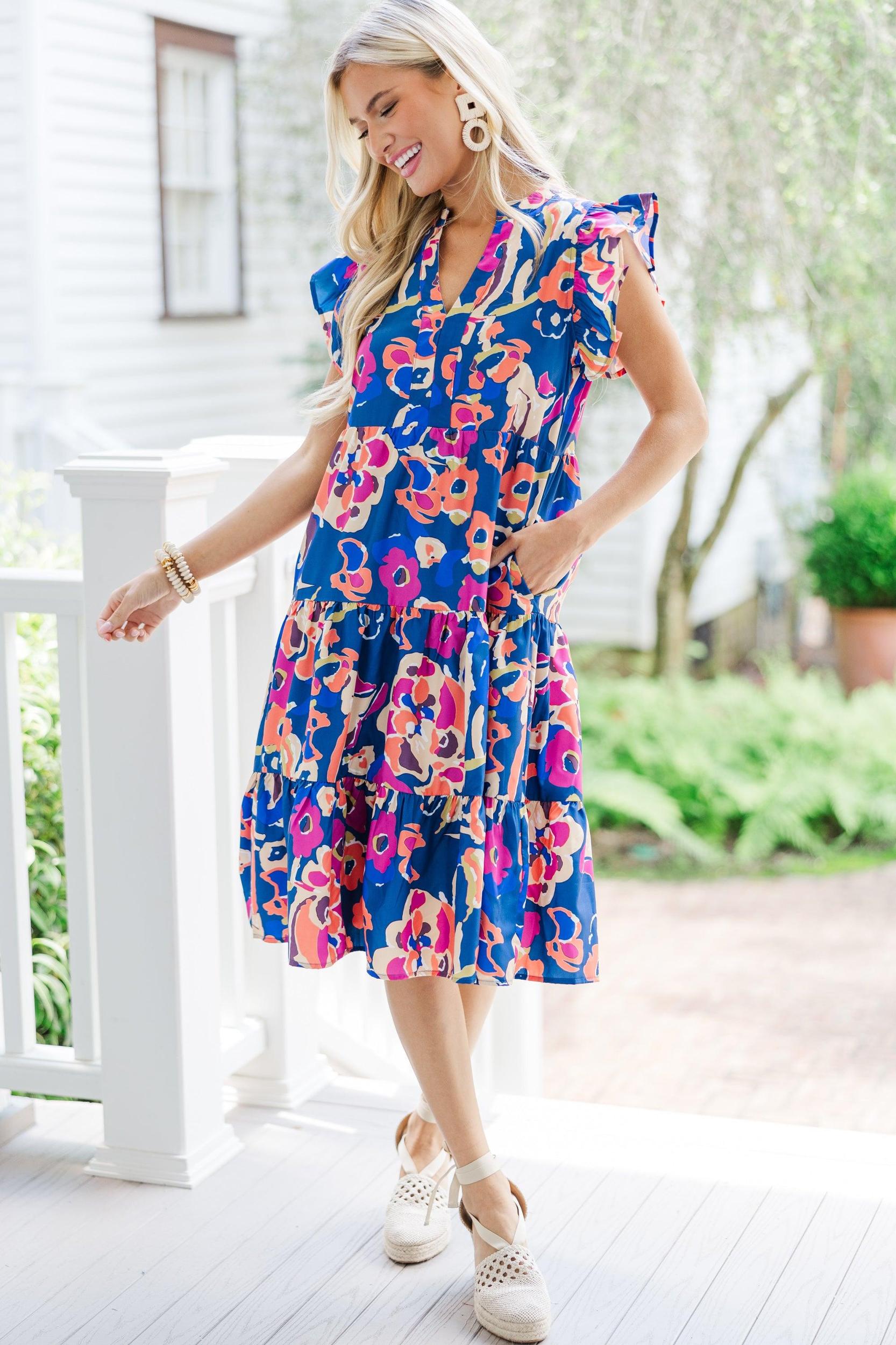 Make It Your Own Navy Blue Floral Tiered Dress Female Product Image