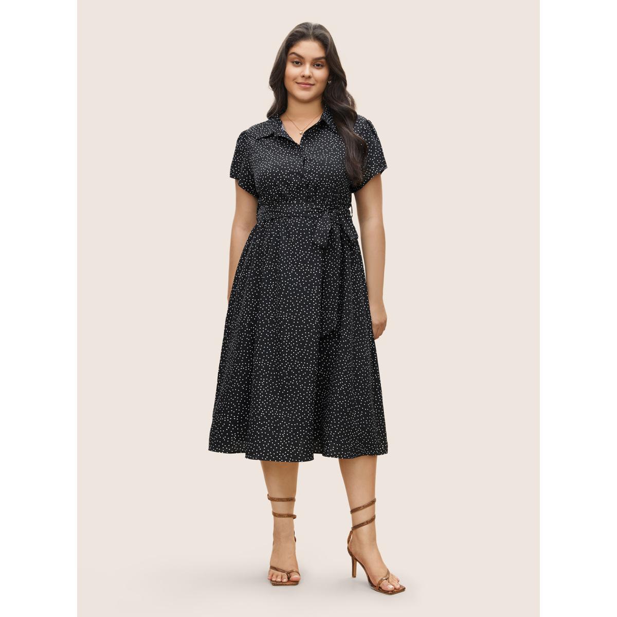 Plus Size Polka Dot Shirt Collar Pocket Button Up Dress Black Women Office Non Shirt collar Short sleeve Curvy Midi Dress BloomChic 12/L Product Image