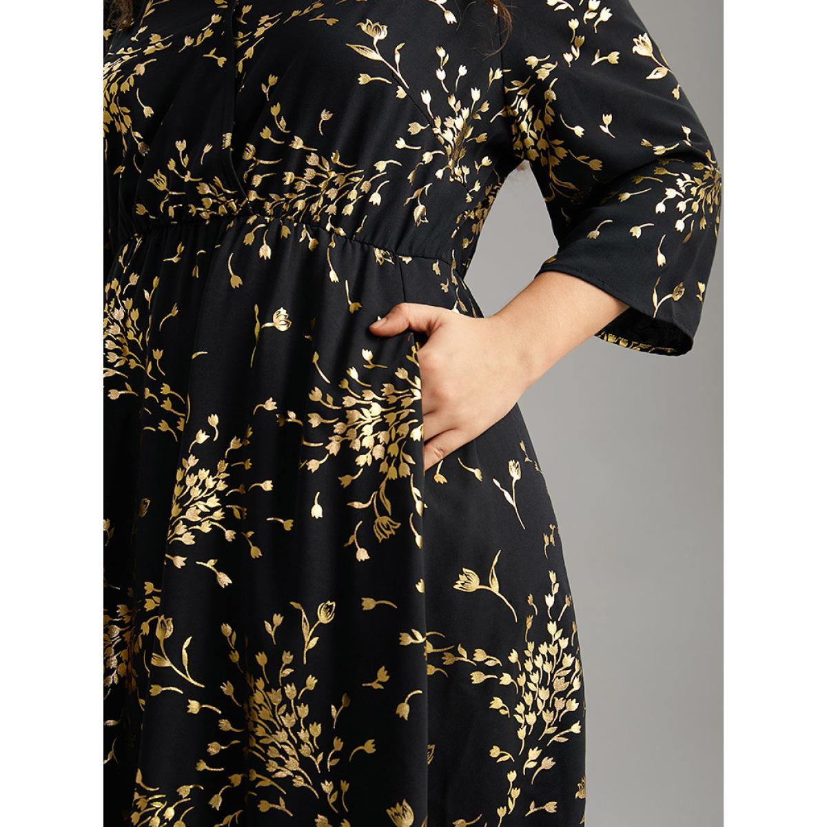 Plus Size Floral Glitter Pocket Gathered Detail Dress Black Women Elegant Wrap Overlap Collar Elbow-length sleeve Curvy Midi Dress BloomChic 14-16/1X Product Image