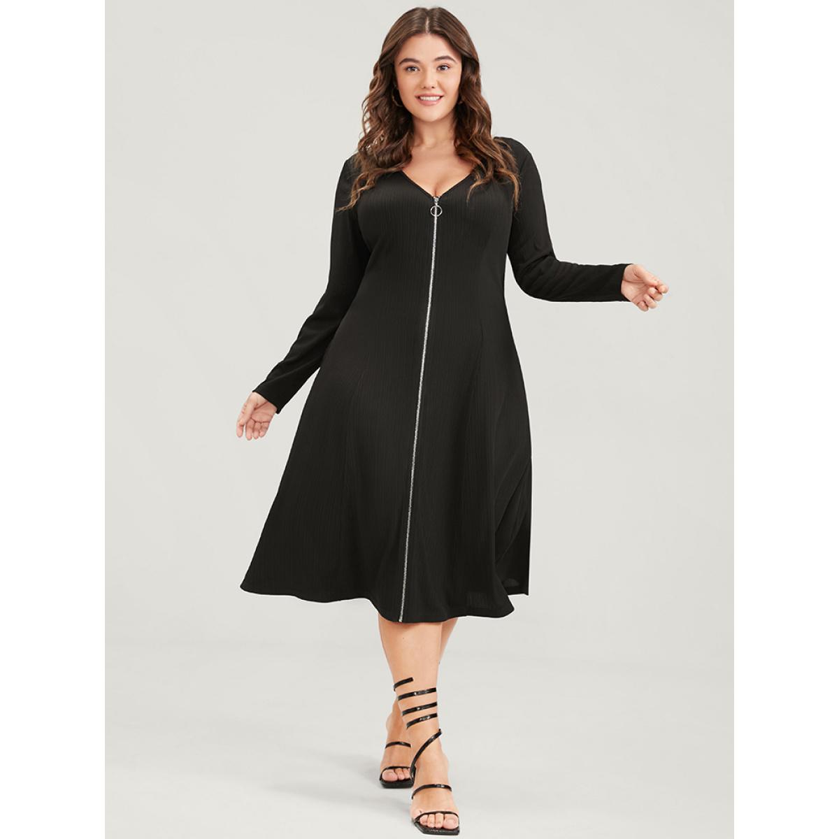 Plus Size Plain V Neck Pocket Zip Up Midi Dress Black Women Office Zipper V-neck Long Sleeve Curvy Midi Dress BloomChic 12/L Product Image