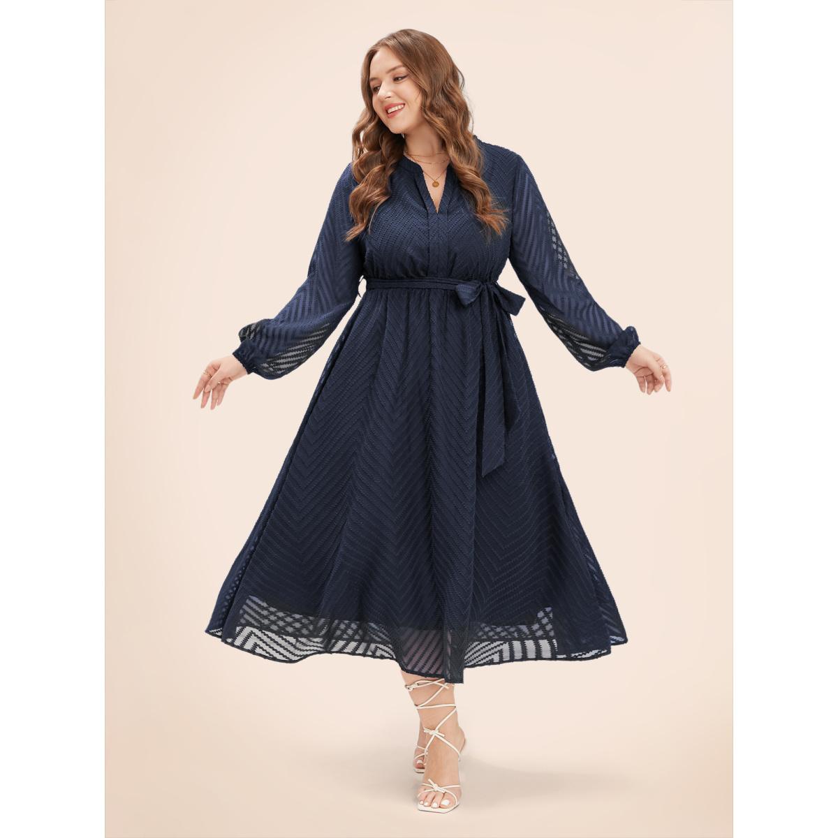 Plus Size Solid Geometric Pocket Mesh Lantern Sleeve Belted Dress Navy Women Office Pocket Flat collar with V-notch Short sleeve Curvy Midi Dress BloomChic 22-24/3X Product Image