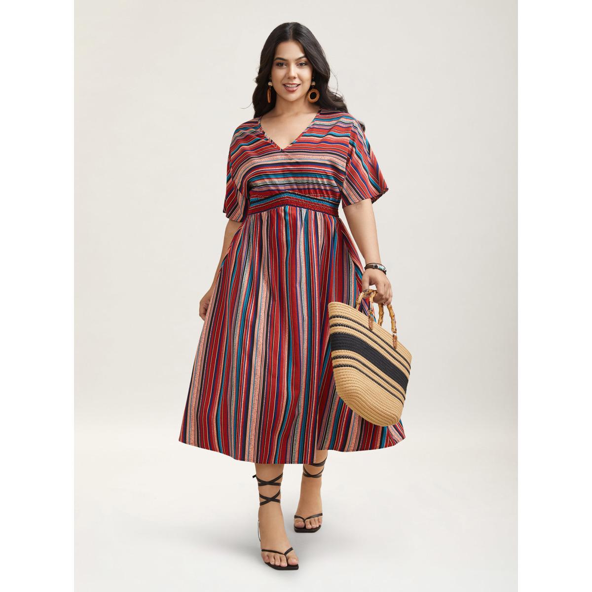 Plus Size Striped Shirred V-Neck Half Sleeve Midi Dress Scarlet Women Resort Shirred V-neck Short sleeve Curvy BloomChic 26/4X Product Image