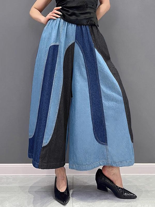 Loose Wide Leg Contrast Color Elasticity Split-Joint Jean Pants Bottoms Product Image