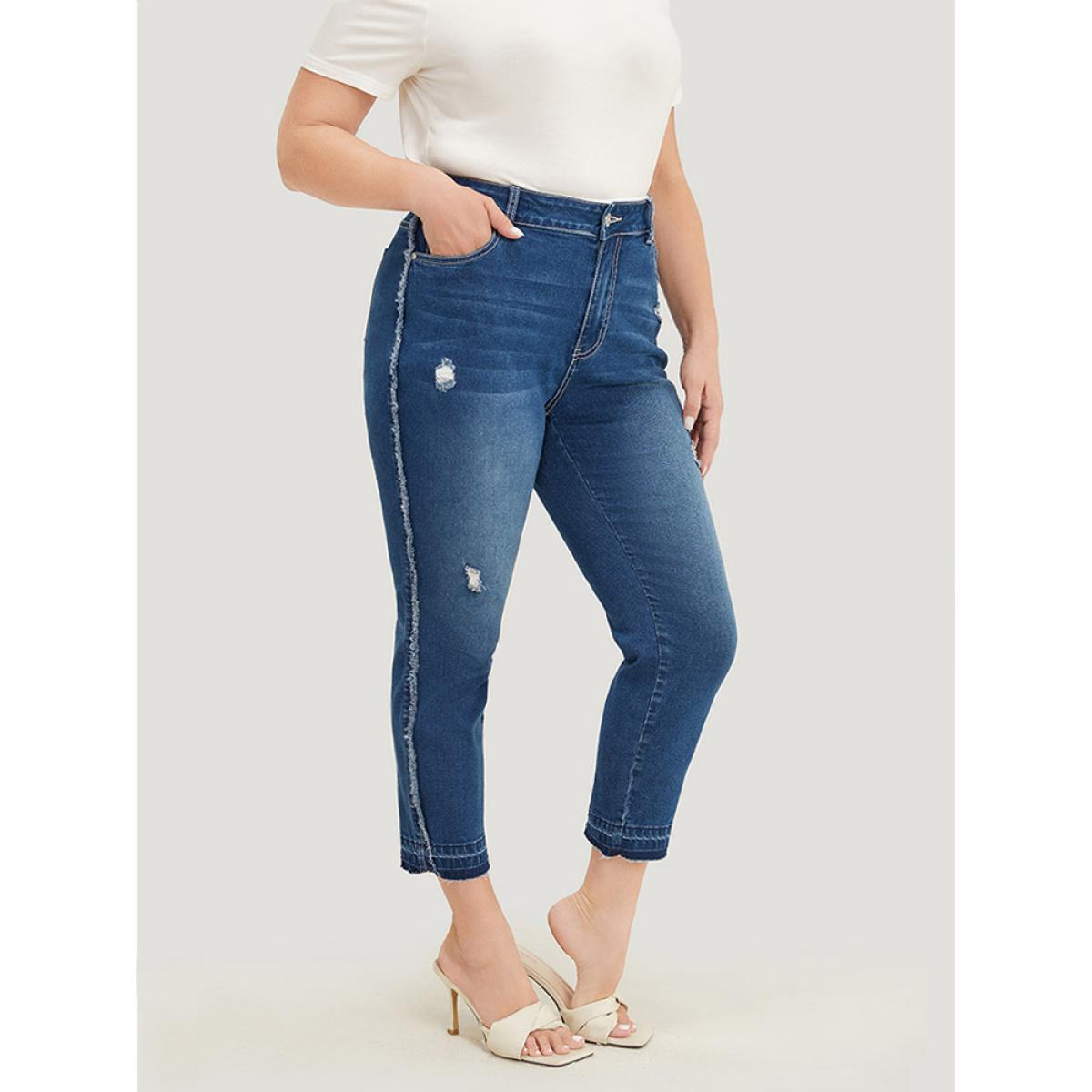 Plus Size Very Stretchy High Rise Medium Wash Raw Trim Jeans Women Blue Casual Plain Distressed High stretch Jeans BloomChic 30/6X Product Image