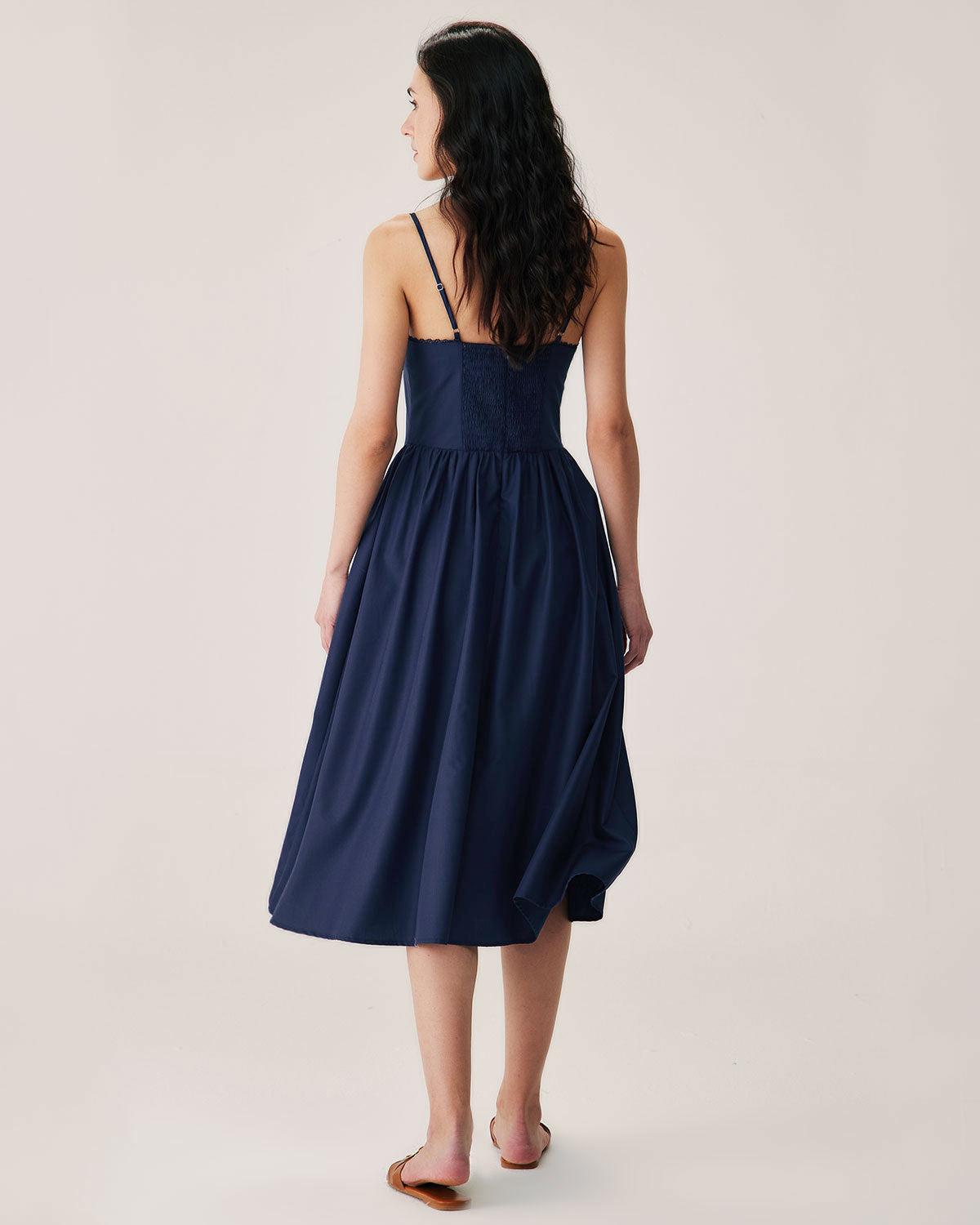 Navy Shirred Slip Midi Dress Product Image