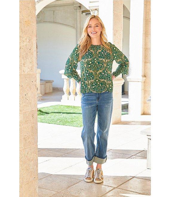 APNY Woven Printed Crew Neck Long Sleeve Smocked Cuff Blouse Product Image