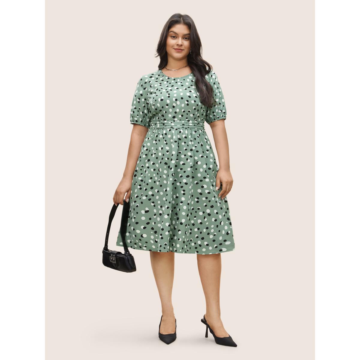 Plus Size Allover Print Pleated Lantern Sleeve Dress Sage Women Elegant Non Round Neck Short sleeve Curvy Midi Dress BloomChic 30/6X Product Image