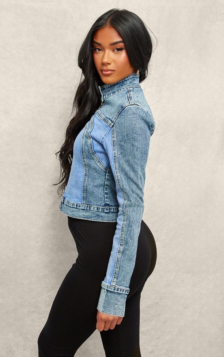 Blue Contrast Panel Racer Denim Jacket Product Image