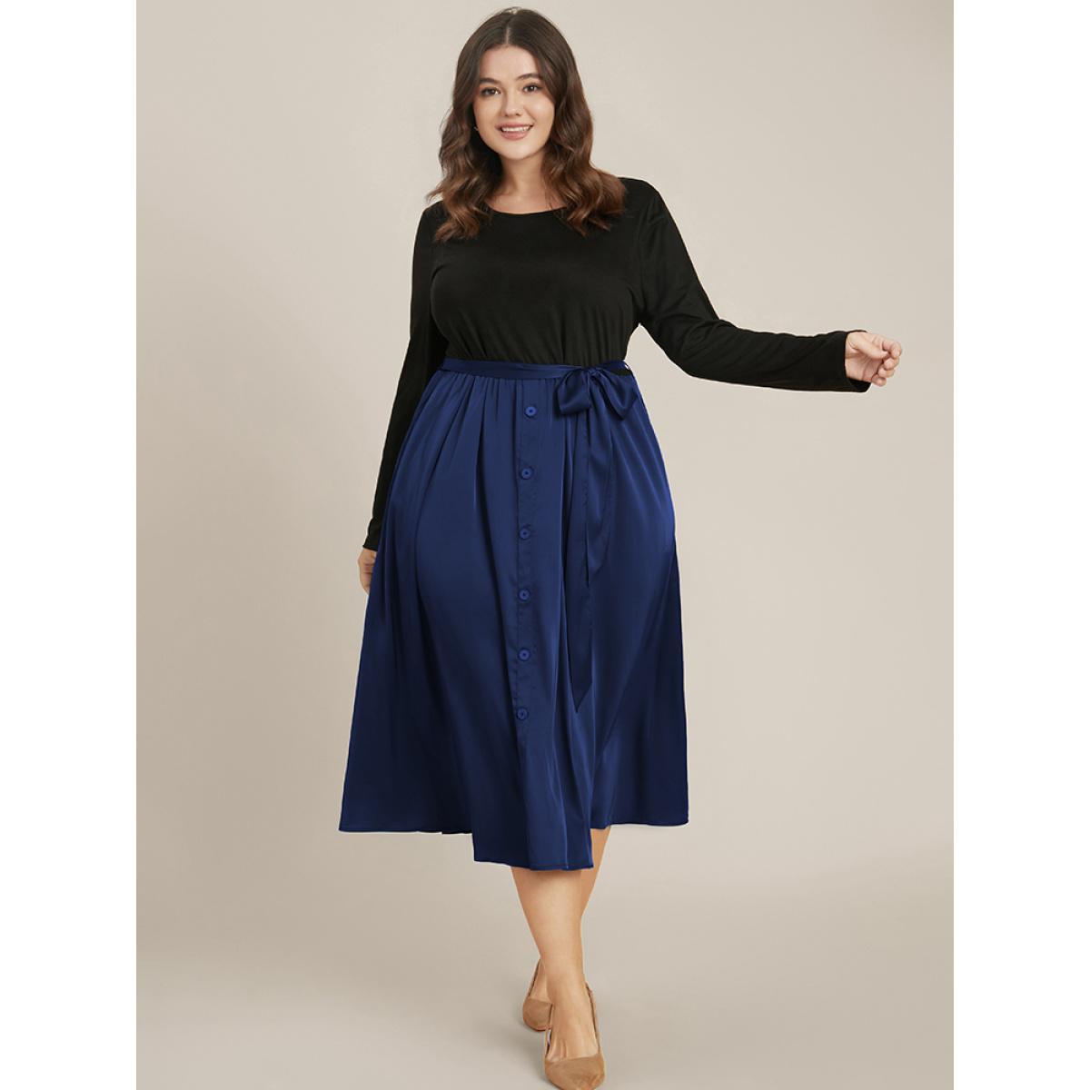 Plus Size Solid Round Neck Pocket Button Detail Belted Satin Dress DarkBlue Women Office Patchwork Round Neck Long Sleeve Curvy Midi Dress BloomChic 26/4X Product Image