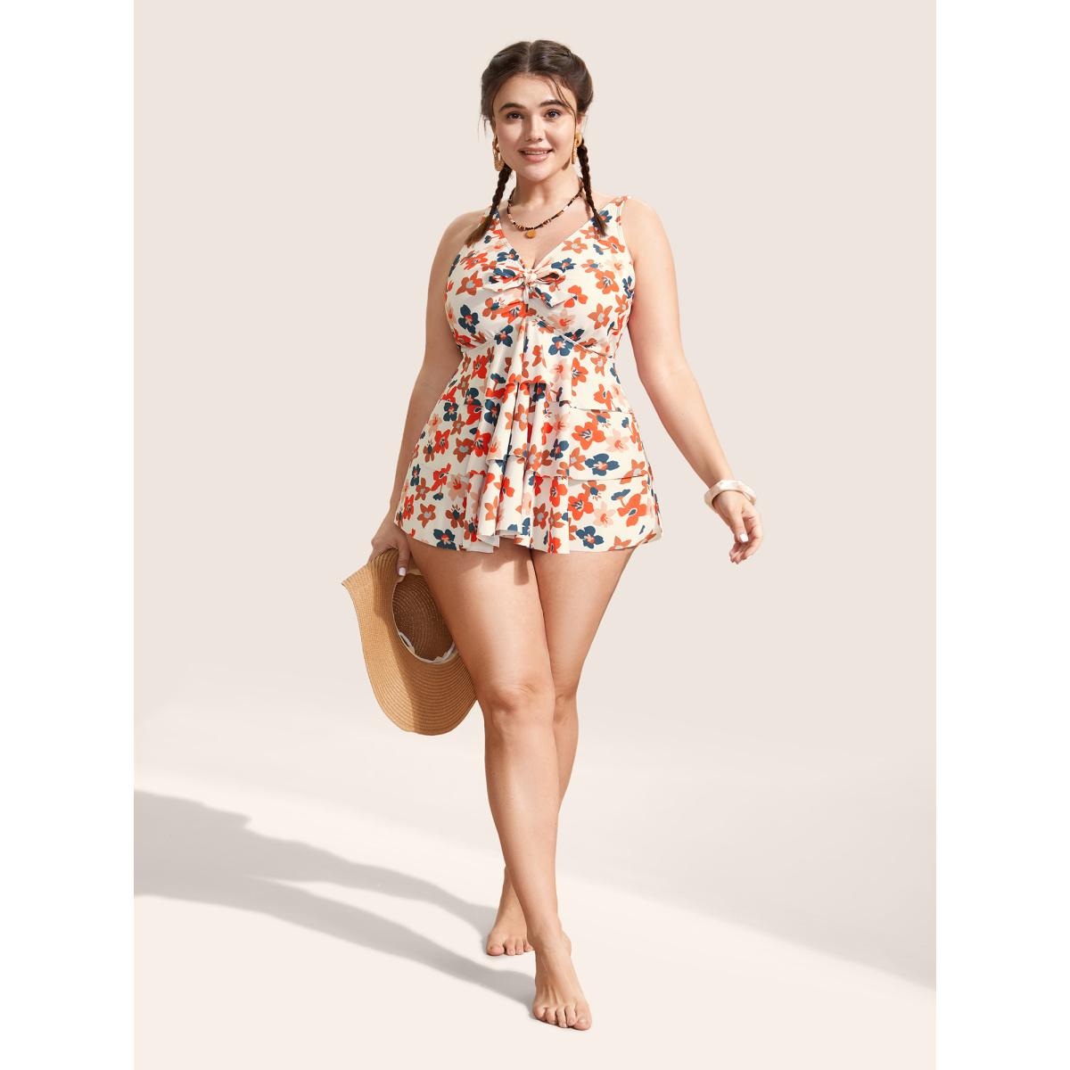 Plus Size Floral Tie Knot Tiered Ruffles Swim Top Women's Swimwear Beige Beach Tie knot High stretch Bodycon V-neck Curve Swim Tops BloomChic 12/L Product Image