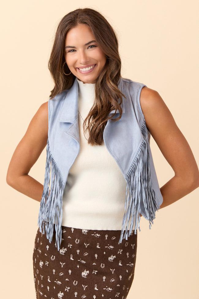 Claire Blue Faux Suede Fringe Vest Product Image