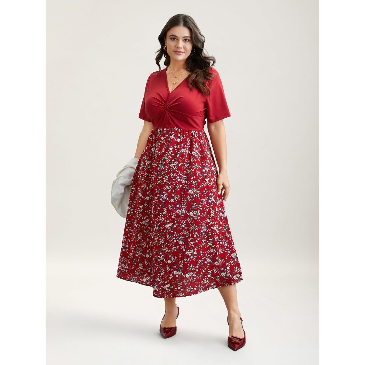 Plus Size Twist-Front V-Neck Stretchy Waist Midi Dress Raspberry Women Romantic Twist V-neck Short sleeve Curvy BloomChic 22-24/3X Product Image
