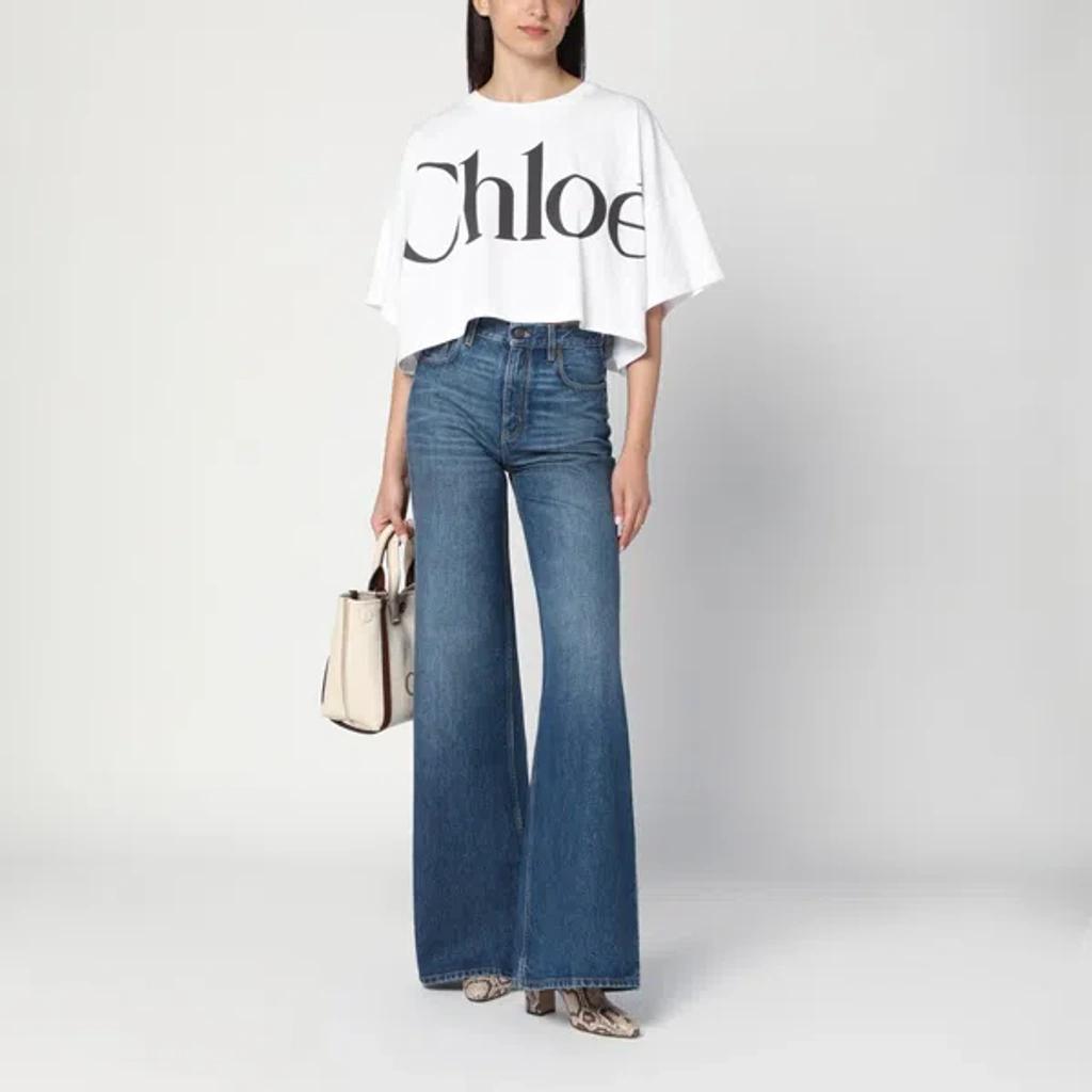 CHLOÉ White Cropped Crewneck T-shirt With Maxi Logo Print On The Front In Cotton Woman In Multicolor Product Image