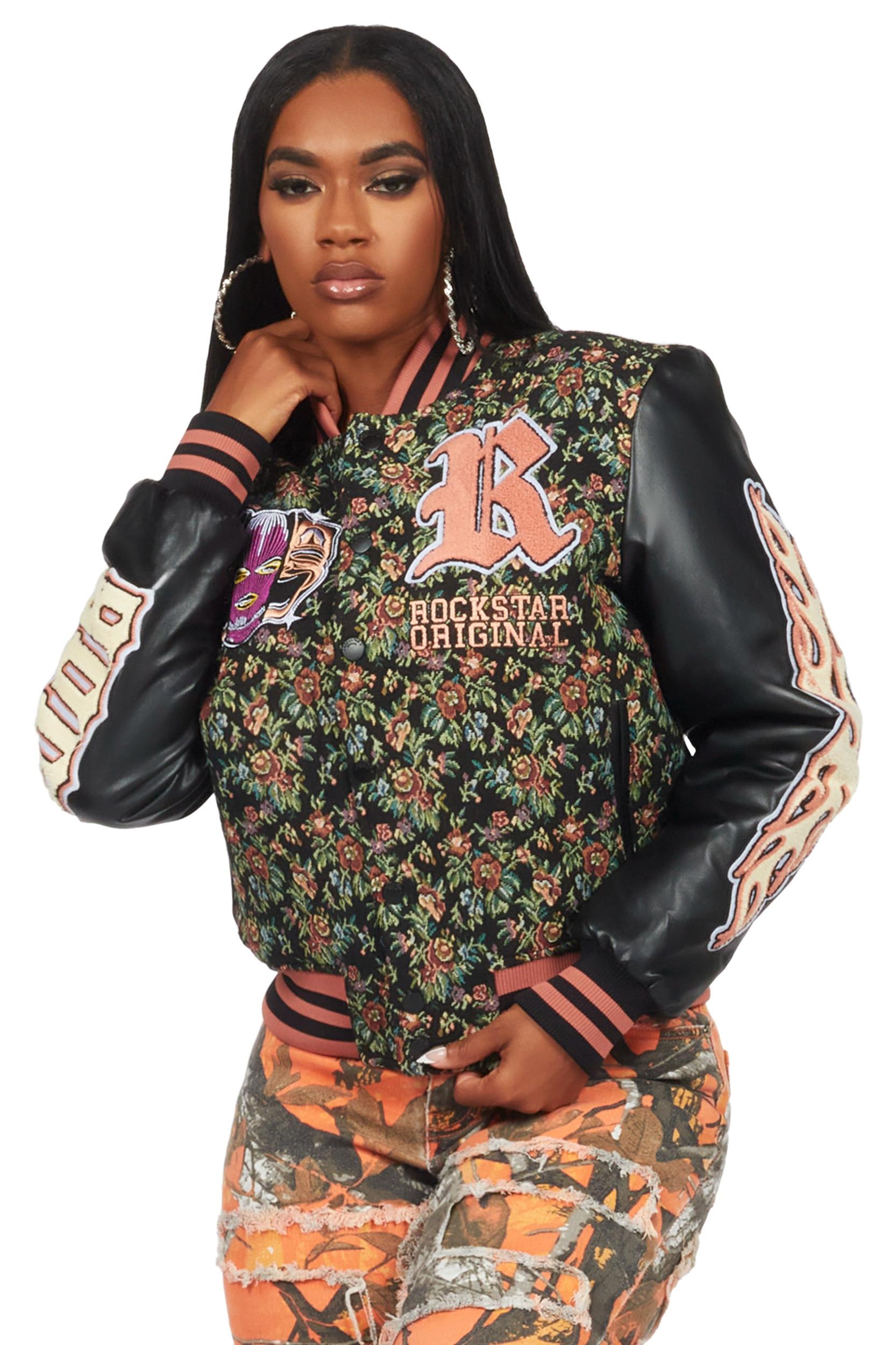Lakiela Black Oversized Tapestry Varsity Jacket Female Product Image