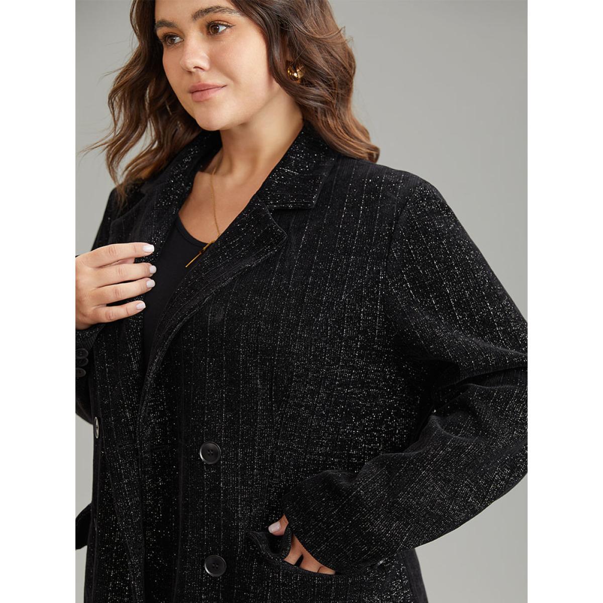 Plus Size Lurex Double Breasted Patched Pocket Blazer Black Women Dailywear Plain Velvet Sleeve Long Sleeve Suit Collar 14-16/1X Pocket Glamour Blazers BloomChic Product Image