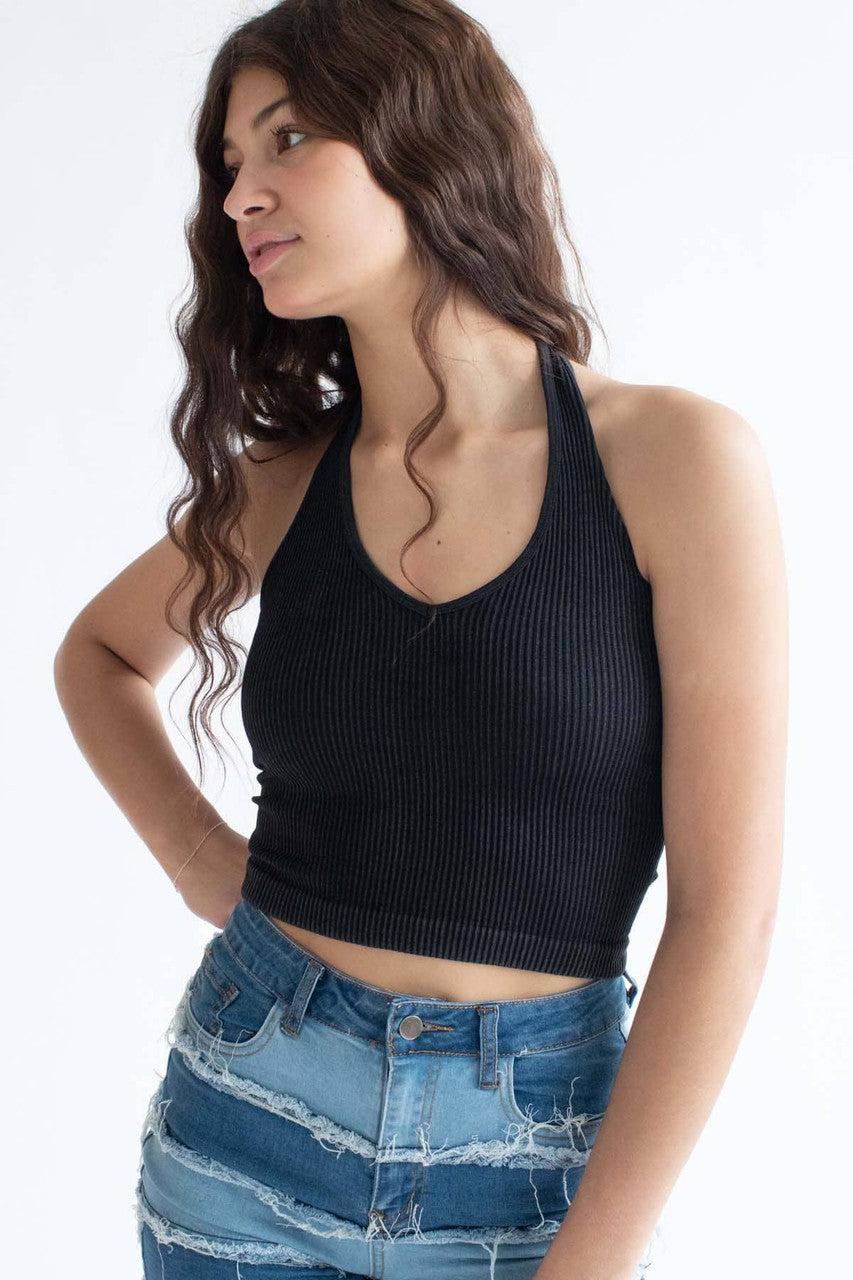Black Washed Seamless Halter Top Product Image