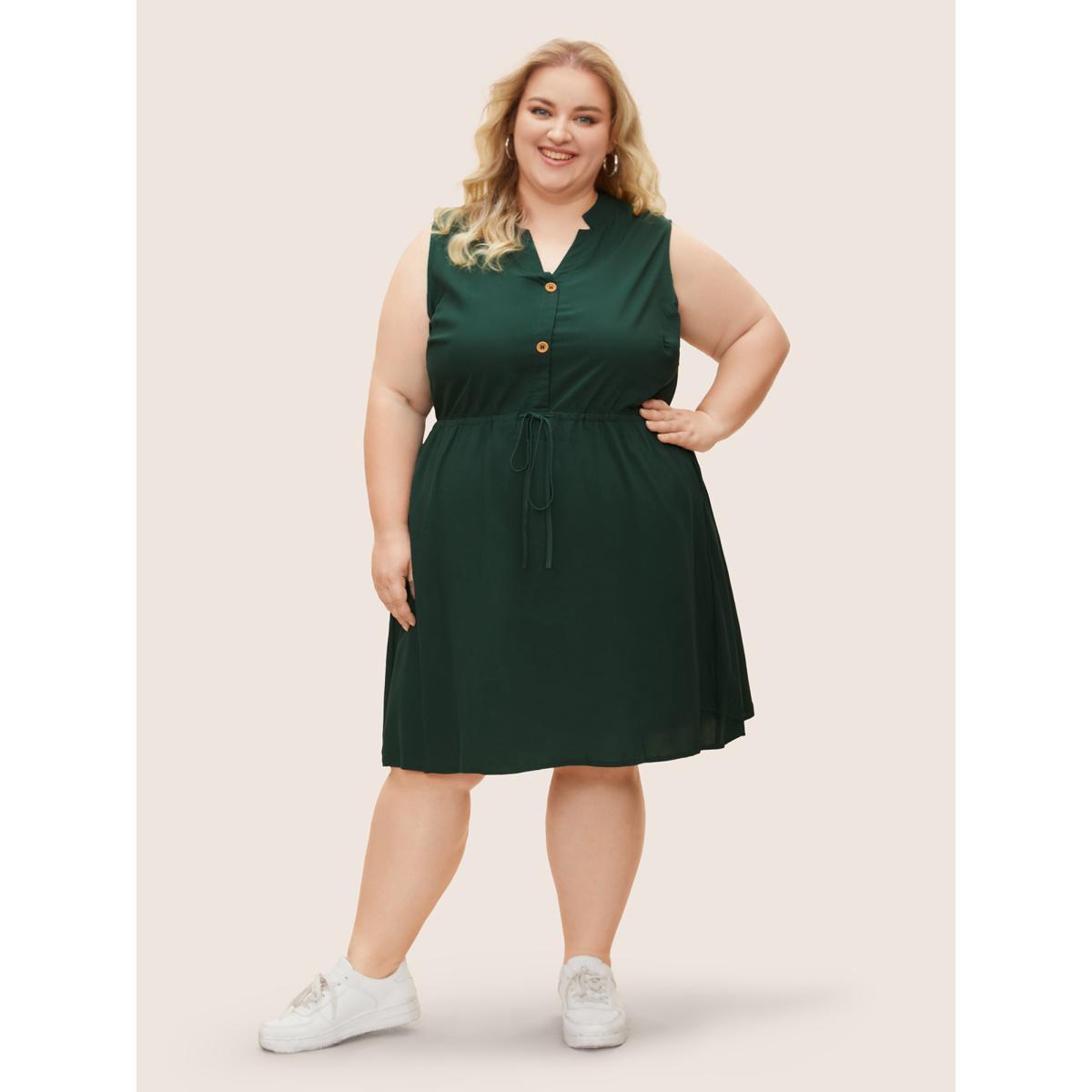 Plus Size Plain Ties Front Button Pocket V Neck Dress DarkGreen Women Office Button V-neck Sleeveless Curvy Knee Dress BloomChic 18-20/2X Product Image