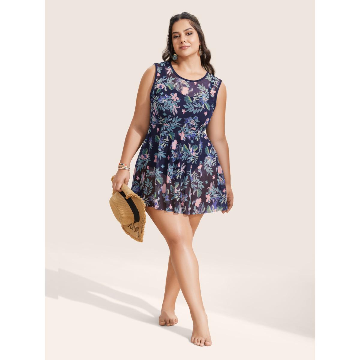 Plus Size U Neck Tropical Print See Through Swim Dress Women's Swimwear Indigo Beach Bodycon U-neck High stretch Curve Swim Dresses BloomChic 30/6X Product Image