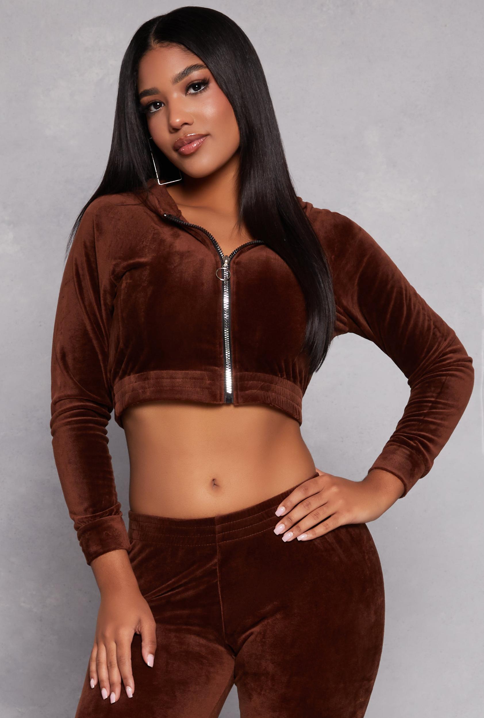 Womens Velour Cropped Zip Front Hoodie Product Image