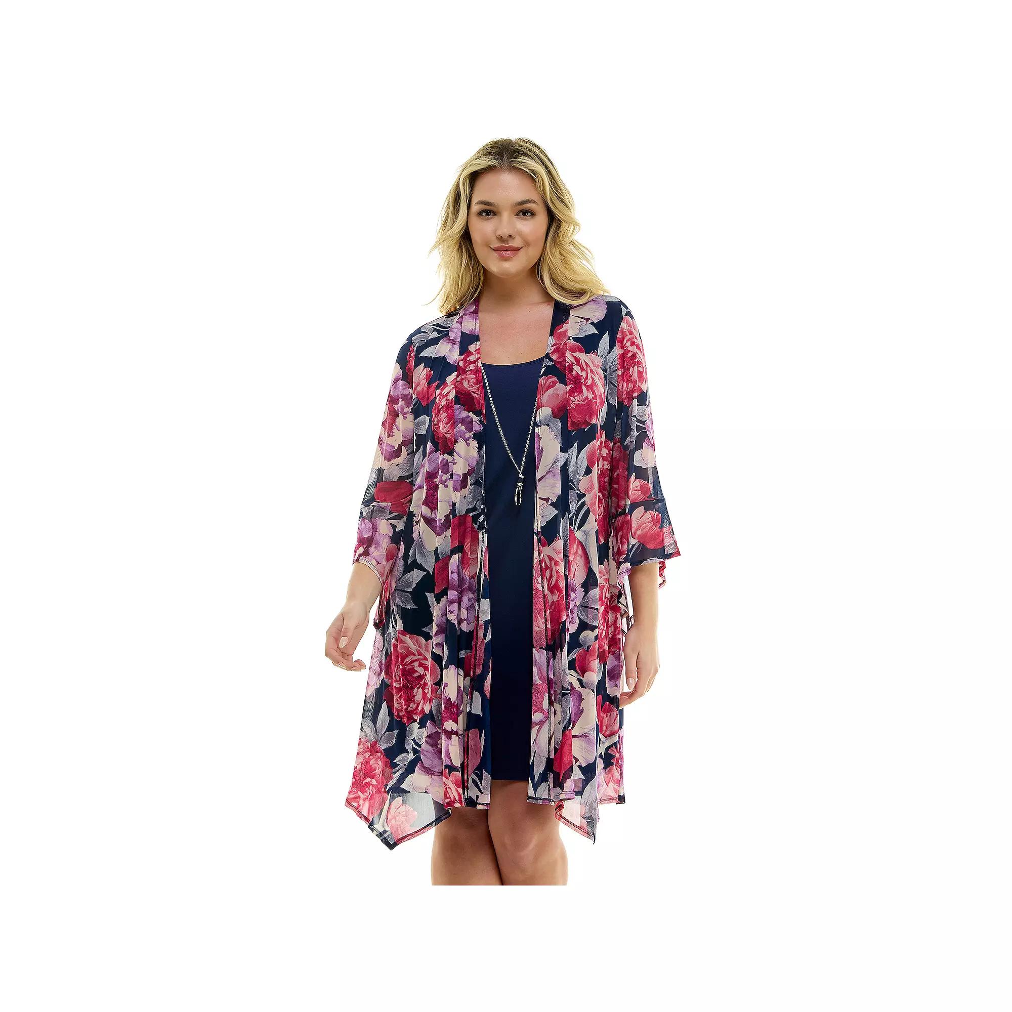 Plus Size Luxology Ruffle Cardigan Dress, Womens Navy Purple Gray Product Image