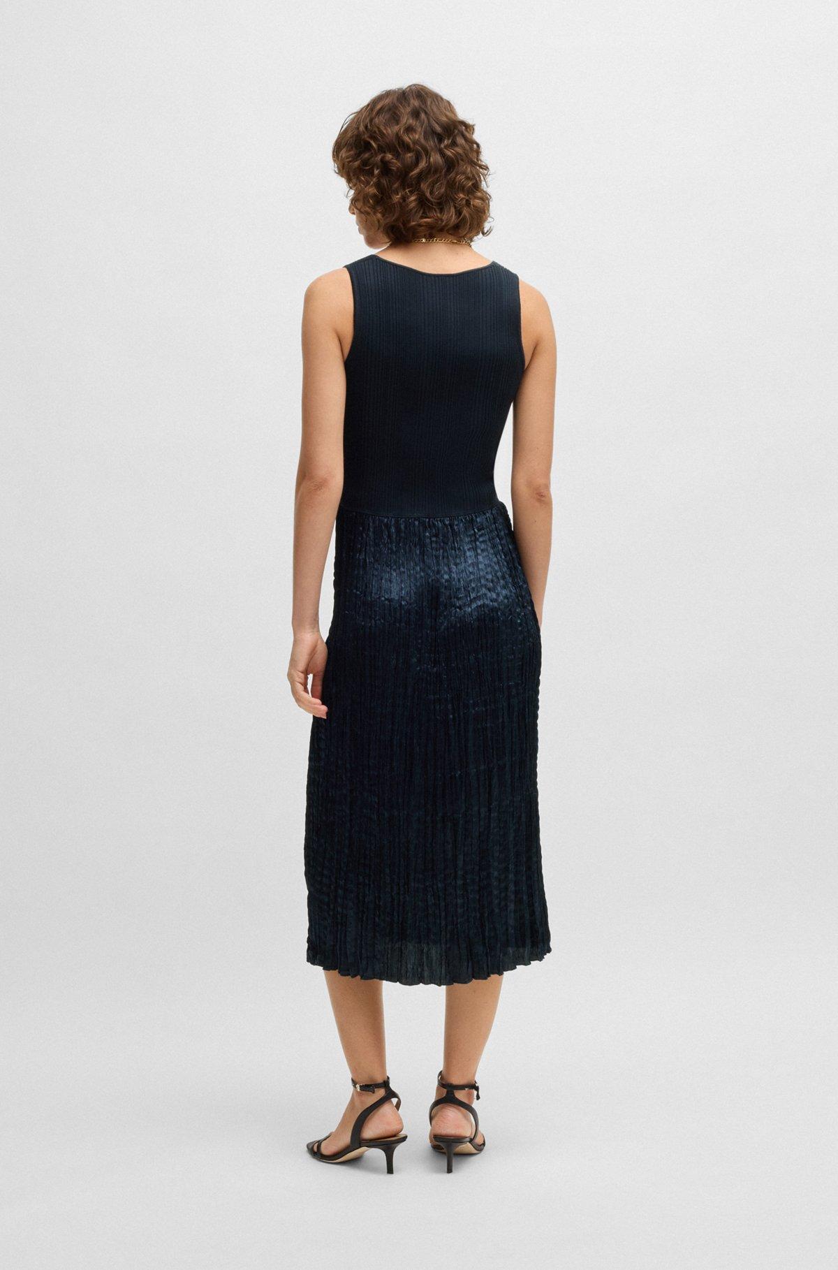BOSS - Knitted dress with lustrous structured skirt - Dark Blue Product Image