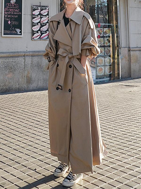 Long Sleeves Loose Buckle Buttoned Split-Back Tied Waist Lapel Outerwear Trench Coats Product Image