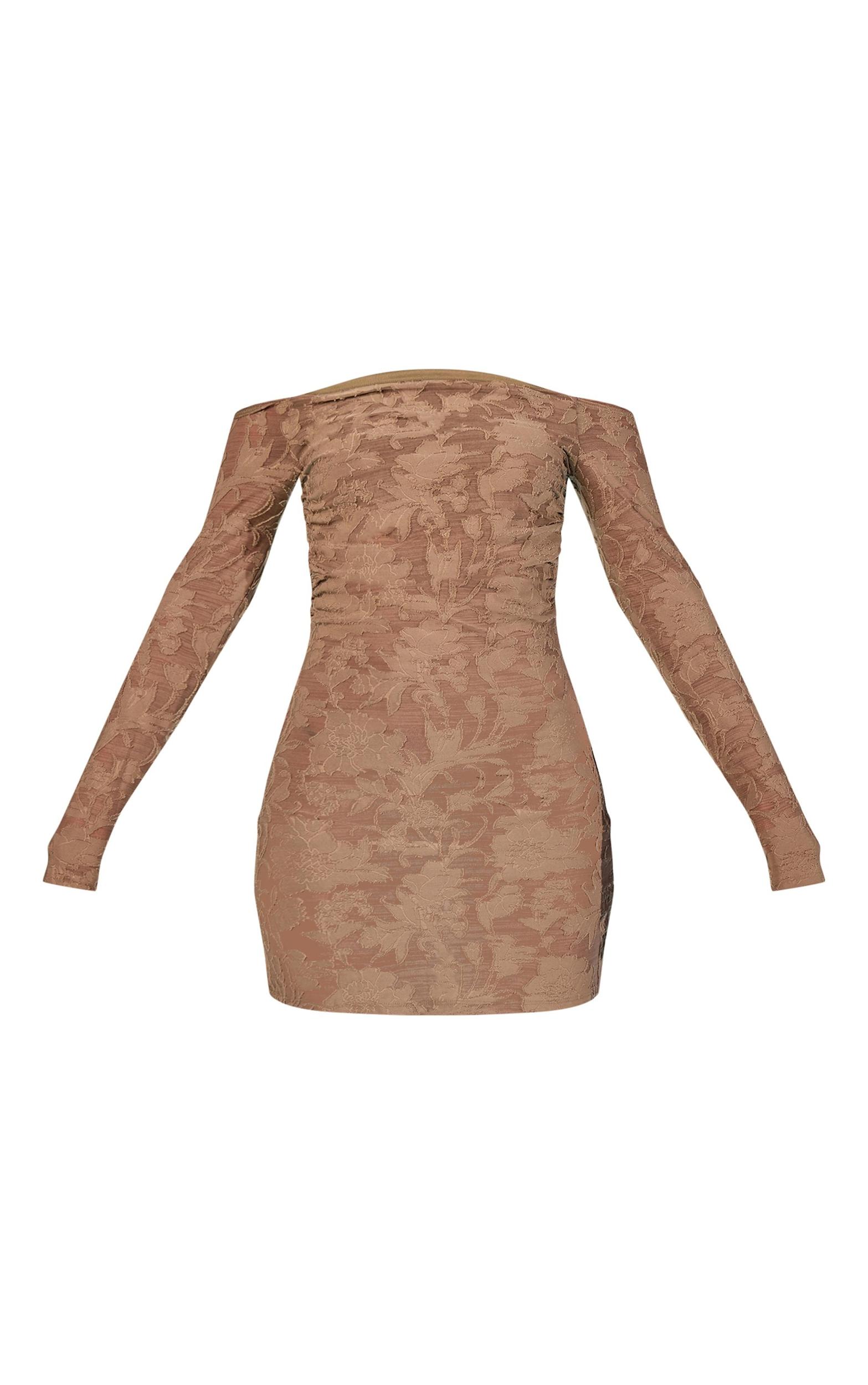 Khaki Floral Sheer Burnout Bardot Bodycon Dress Product Image