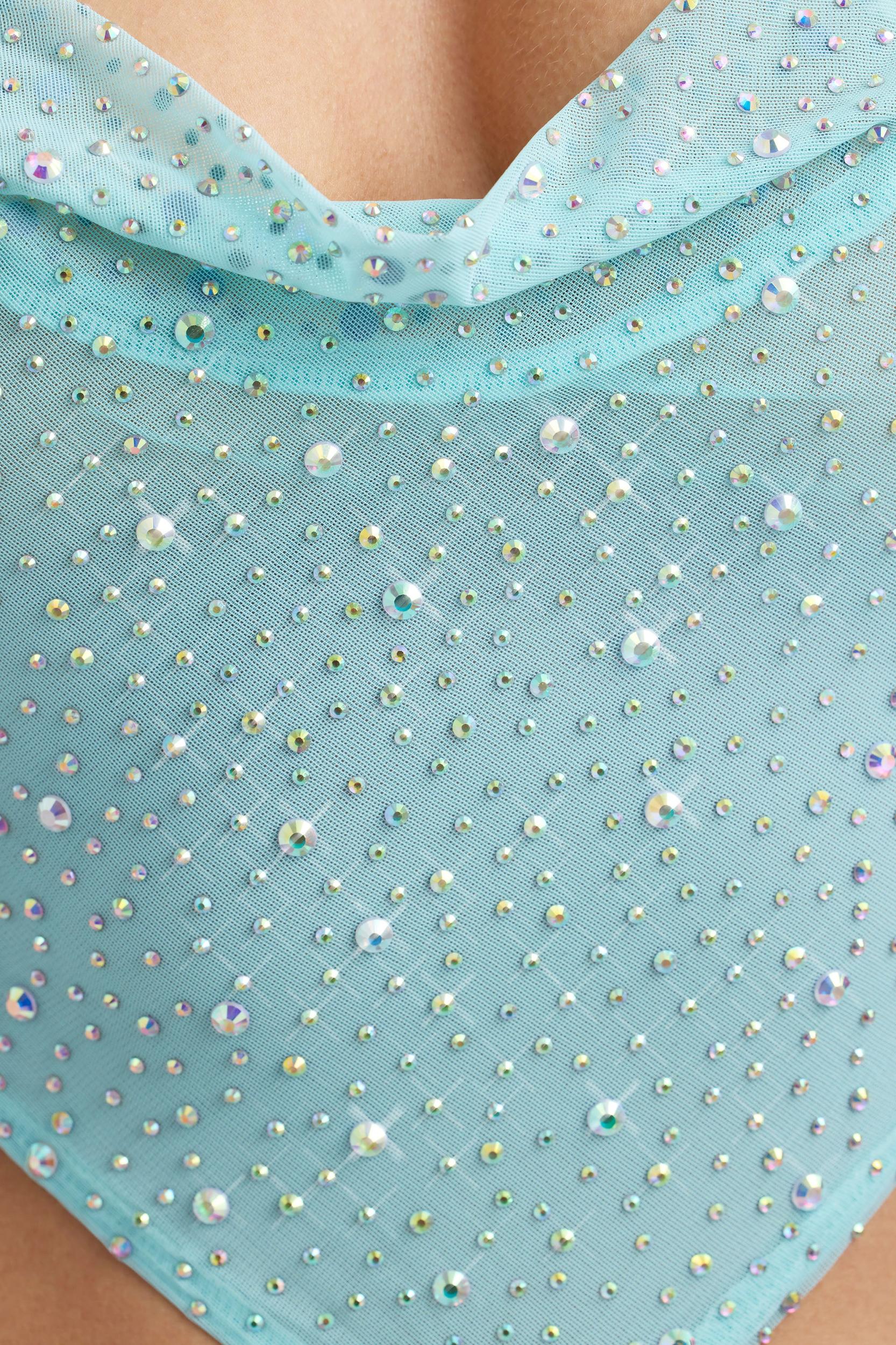 Embellished Cowl-Neck Crop Top in Ice Blue Product Image
