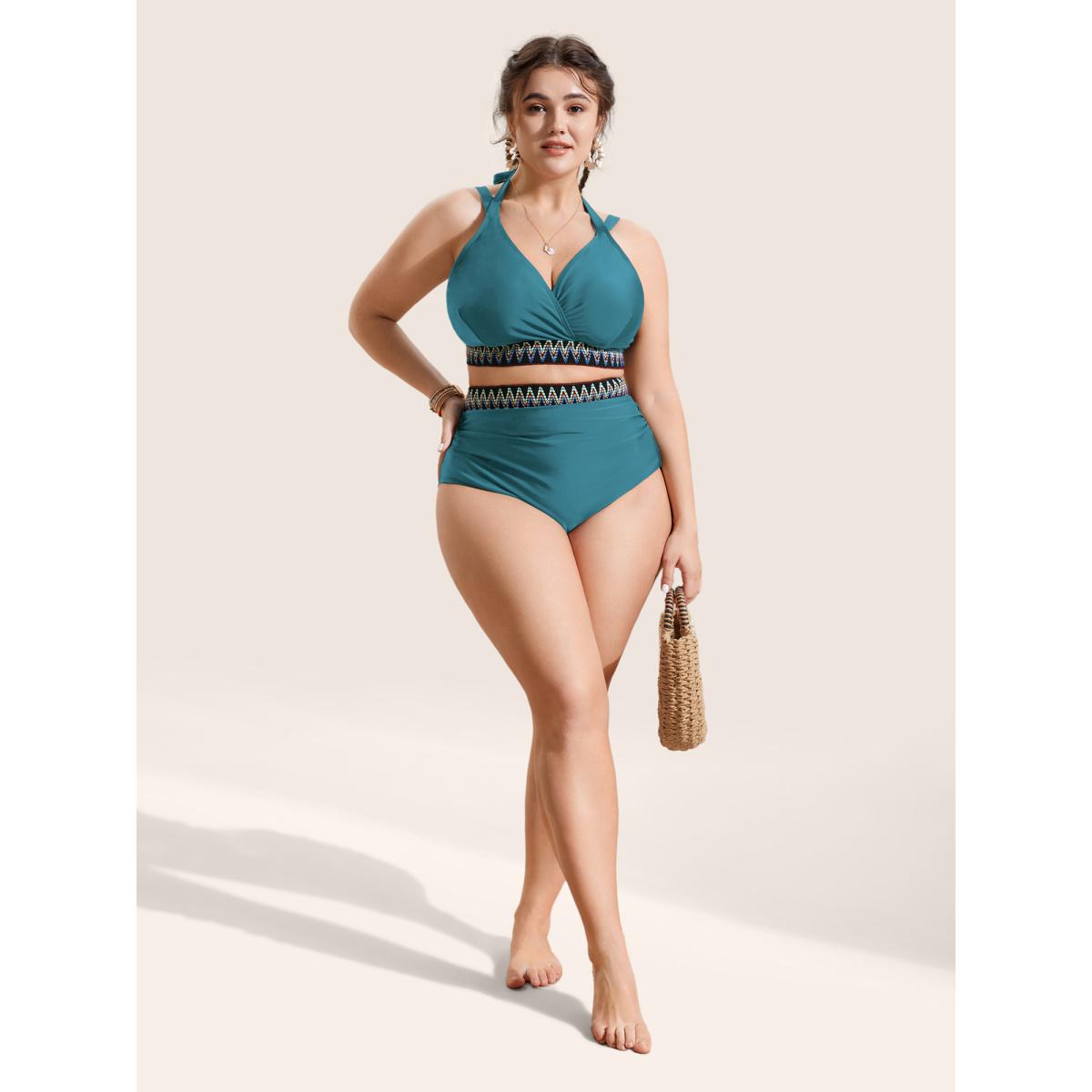 Plus Size Embroidered Wrap Tie Knot Swim Top Women's Swimwear Teal Beach Woven ribbon&lace trim High stretch Skinny Overlap Collar Curve Swim Tops BloomChic 28/5X Product Image