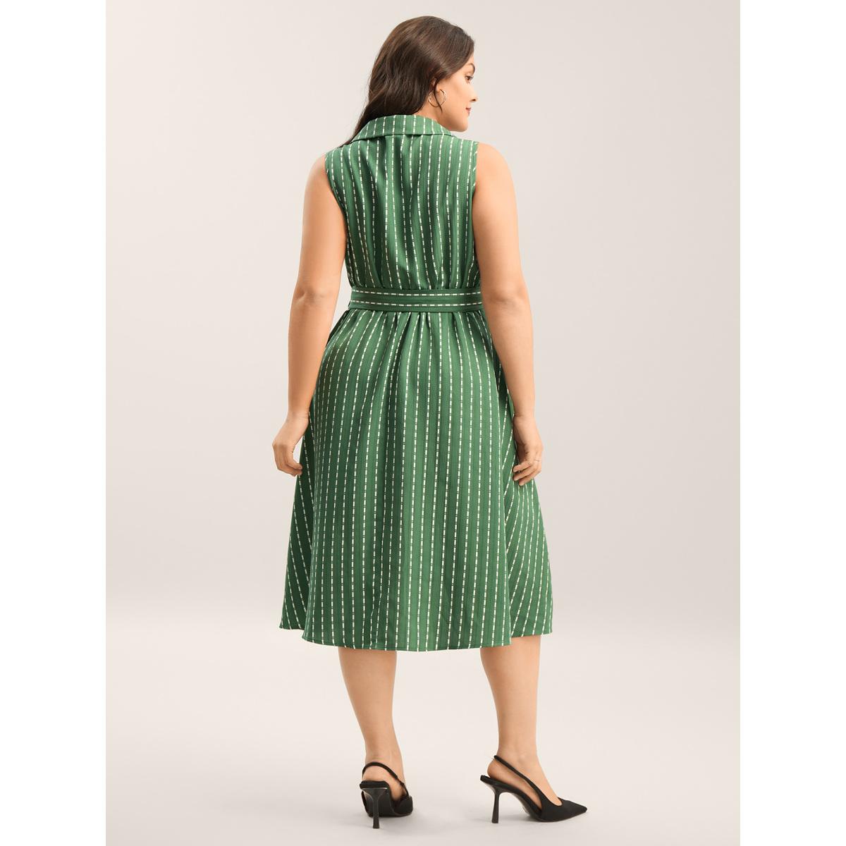 Plus Size Breezy Stripes Belted Pockets Midi Dress Emerald Women Shirt collar Sleeveless Curvy BloomChic 28/5X Product Image