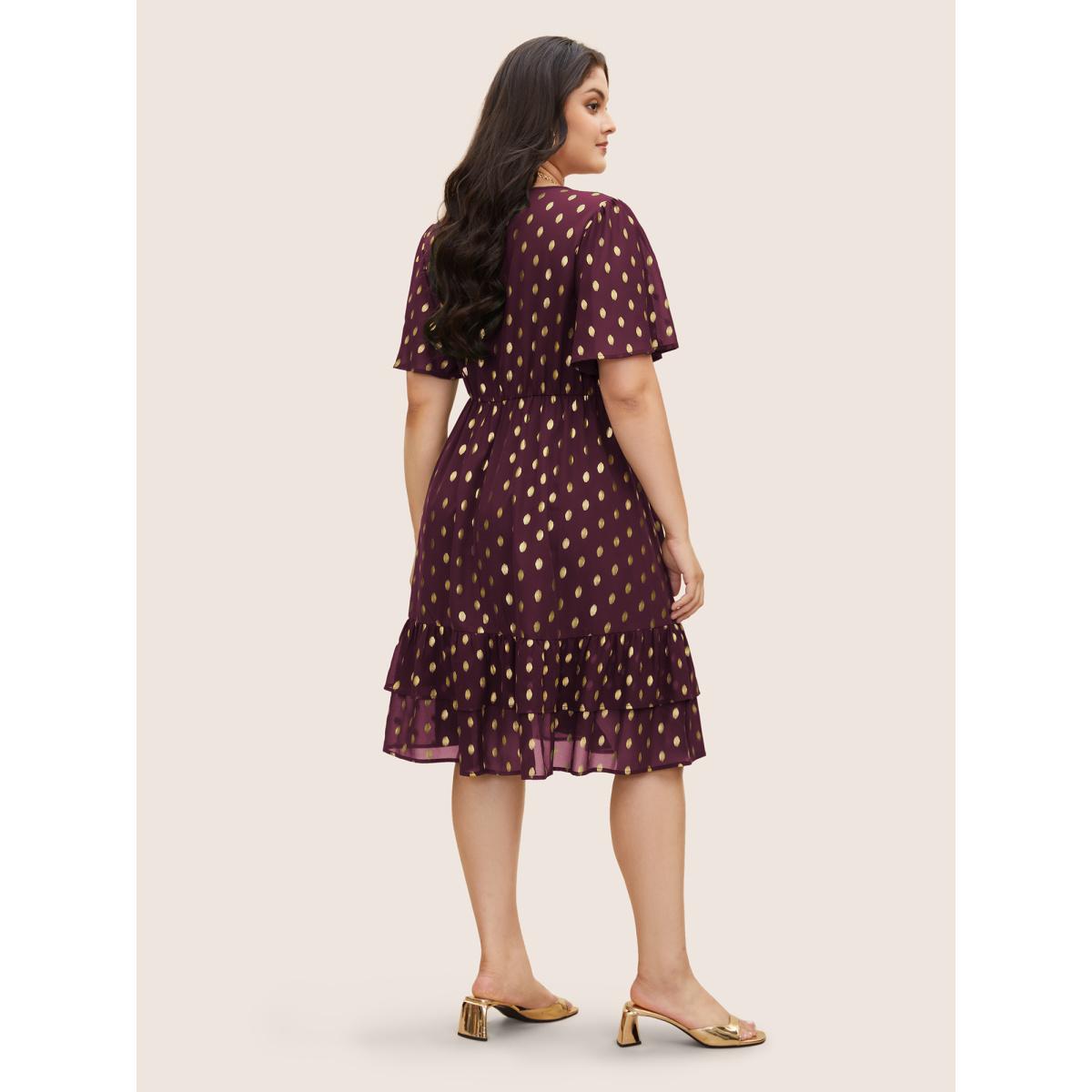 Plus Size Glitter Polka Dot Patchwork Ruffles Dress Burgundy Women Cocktail See through Round Neck Short sleeve Curvy BloomChic 22-24/3X Product Image
