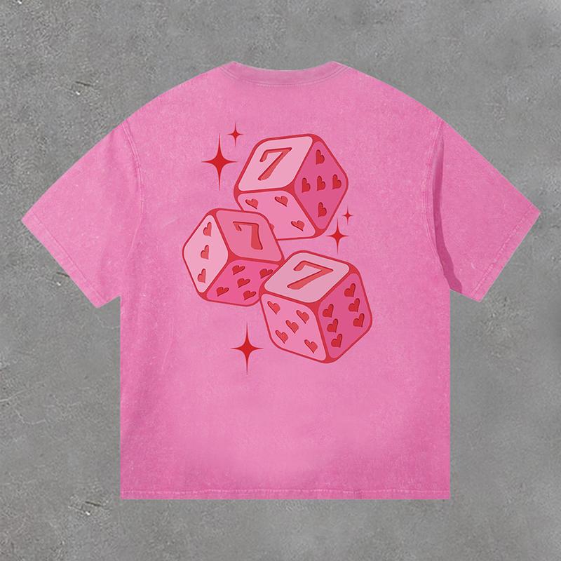 Street Vintage Pink 777 Fun Dice Print Acid Washed T-Shirt Product Image