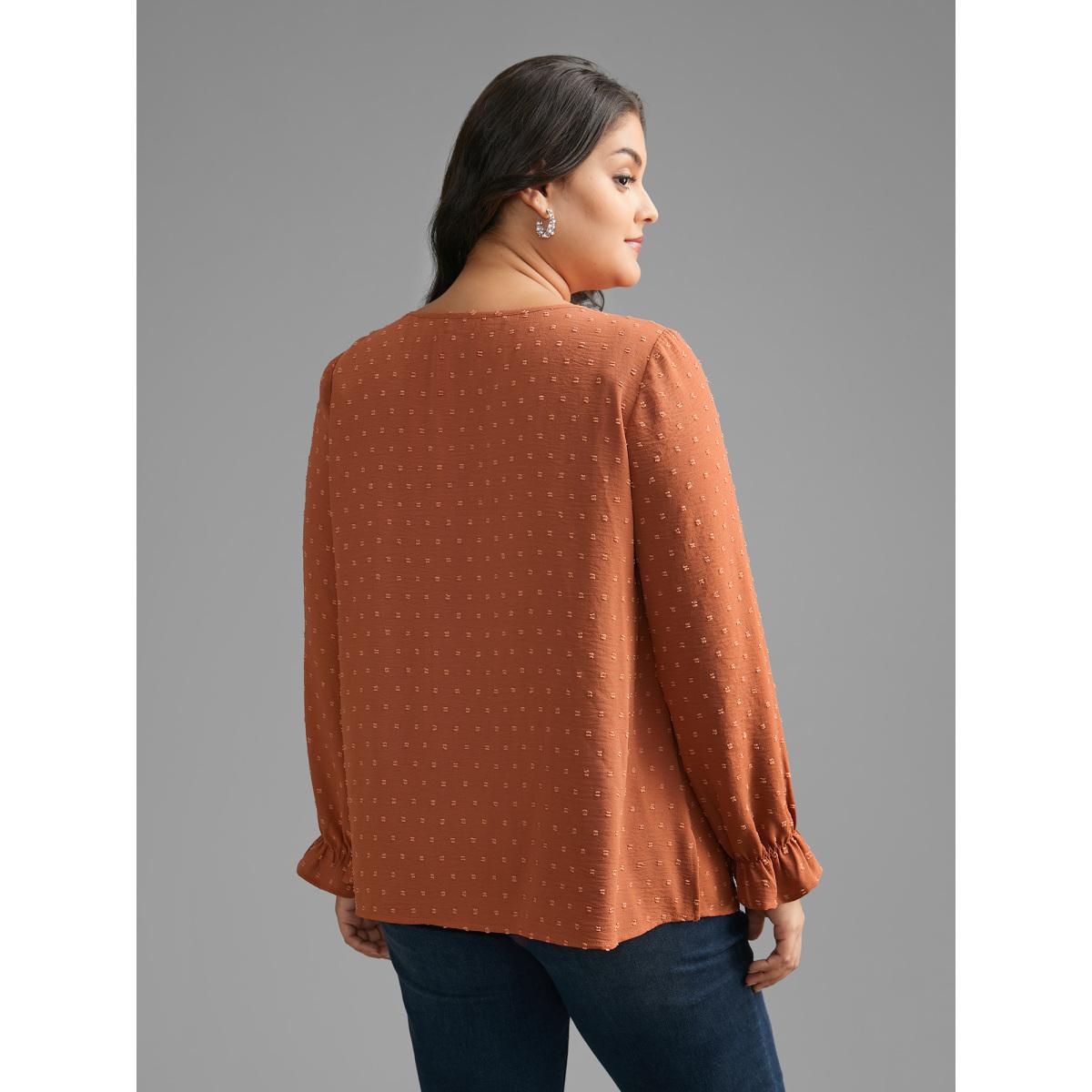 Plus Size Rust Textured Lace Panel Lantern Sleeve Blouse Women Elegant Long Sleeve Round Neck Everyday Blouses BloomChic 30/6X Product Image