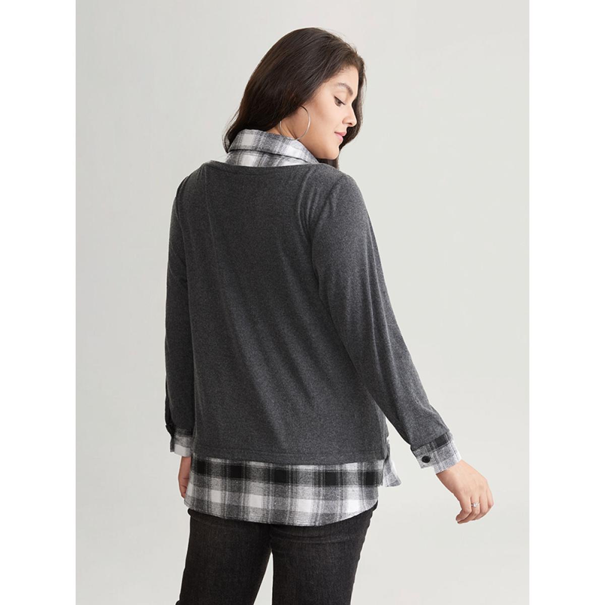 Plus Size 2-In-1 Plaid Patchwork Lapel Collar Sweatshirt Women DimGray Casual Contrast Lapel Collar Dailywear Sweatshirts BloomChic 22-24/3X Product Image