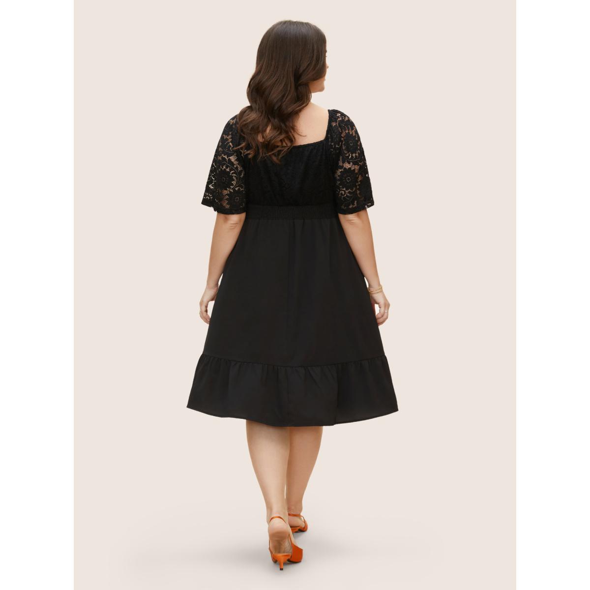 Plus Size Crochet Lace Heart Neckline Patchwork Shirred Dress Black Women Elegant Woven ribbon&lace trim Heart neckline Short sleeve Curvy BloomChic 14-16/1X Product Image