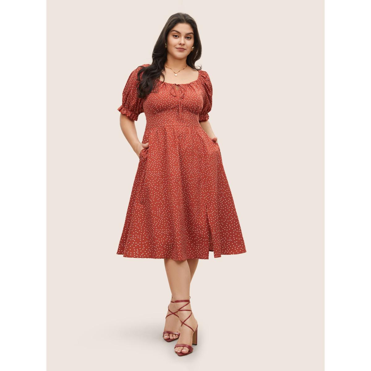 Plus Size Polka Dot Ties Lantern Sleeve Gathered Dress Rust Women Elegant Non Square Neck Short sleeve Curvy Midi Dress BloomChic 30/6X Product Image