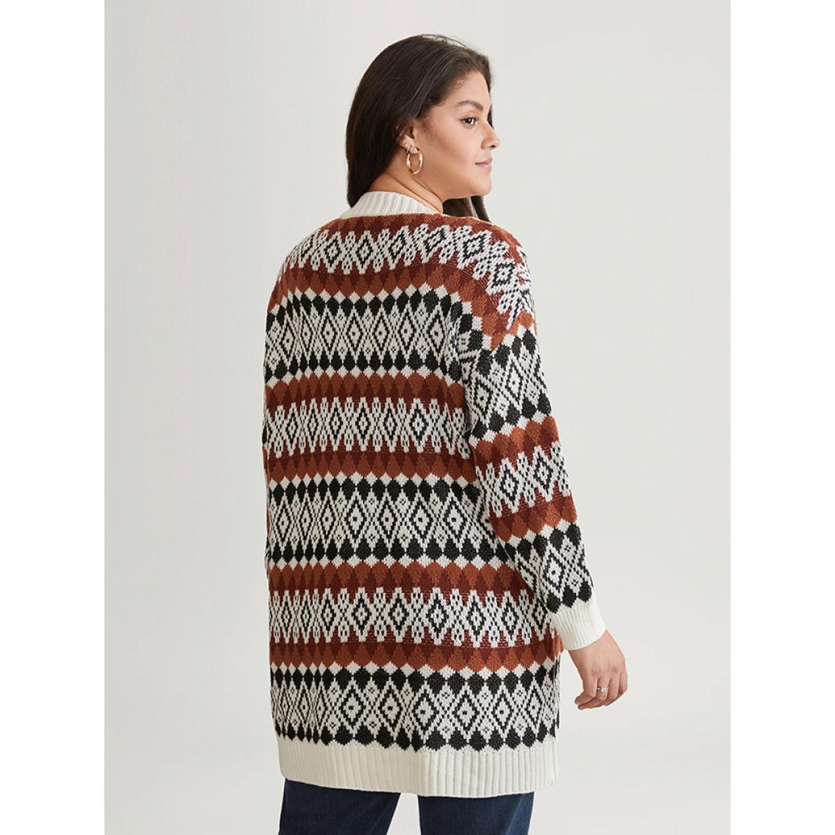 Plus Size Geometric Jacquard Pocket Button Up Cardigan Chocolate Women Casual Loose Long Sleeve Dailywear Cardigans BloomChic 12/L Product Image