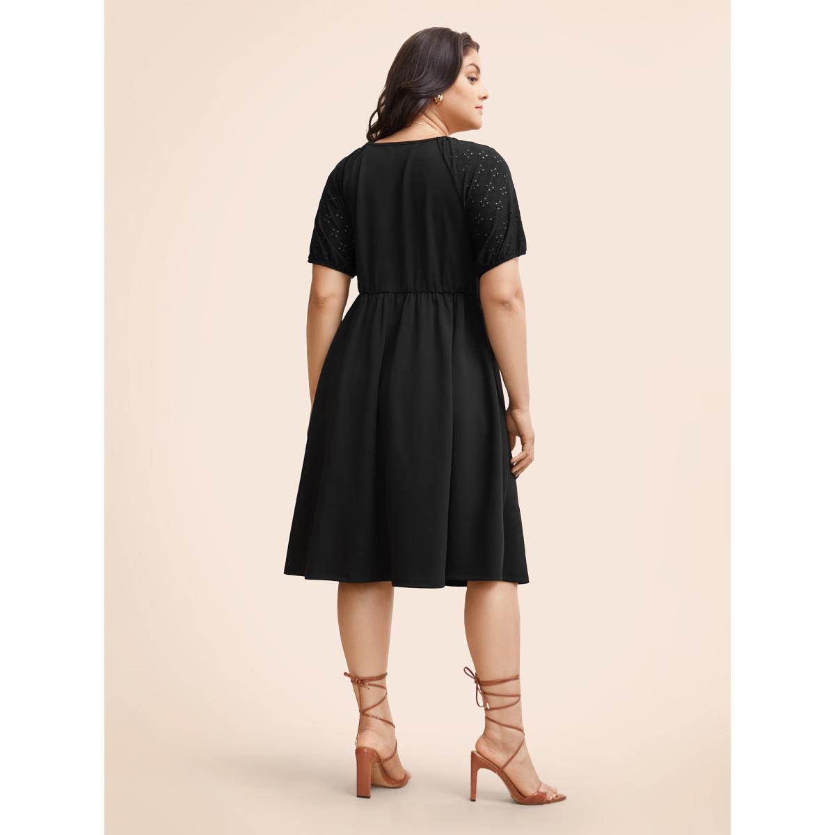 Plus Size Solid Cut Out Gathered Puff Sleeve Dress Black Women Elegant Texture Round Neck Short sleeve Curvy BloomChic 22-24/3X Product Image