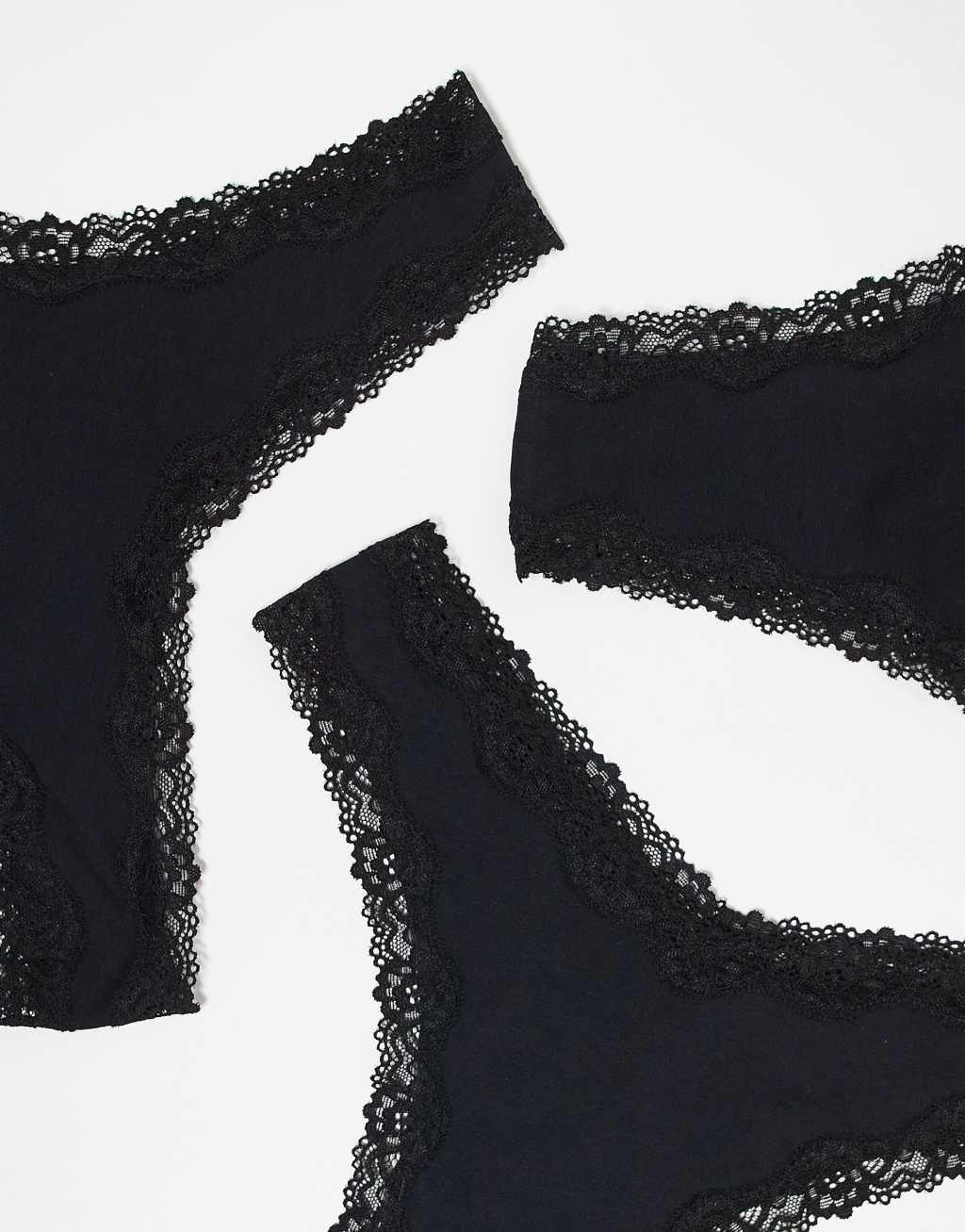 ASOS DESIGN 3 pack cotton & lace trim high rise malibu thong in black Product Image