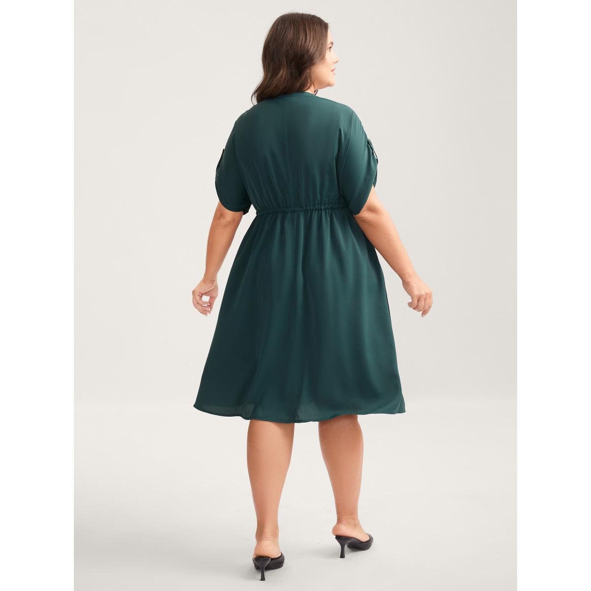 Plus Size Solid Waist Drawstring Pockets Midi Dress Cyan Women Flat collar with V-notch Half Sleeve Curvy BloomChic 28/5X Product Image