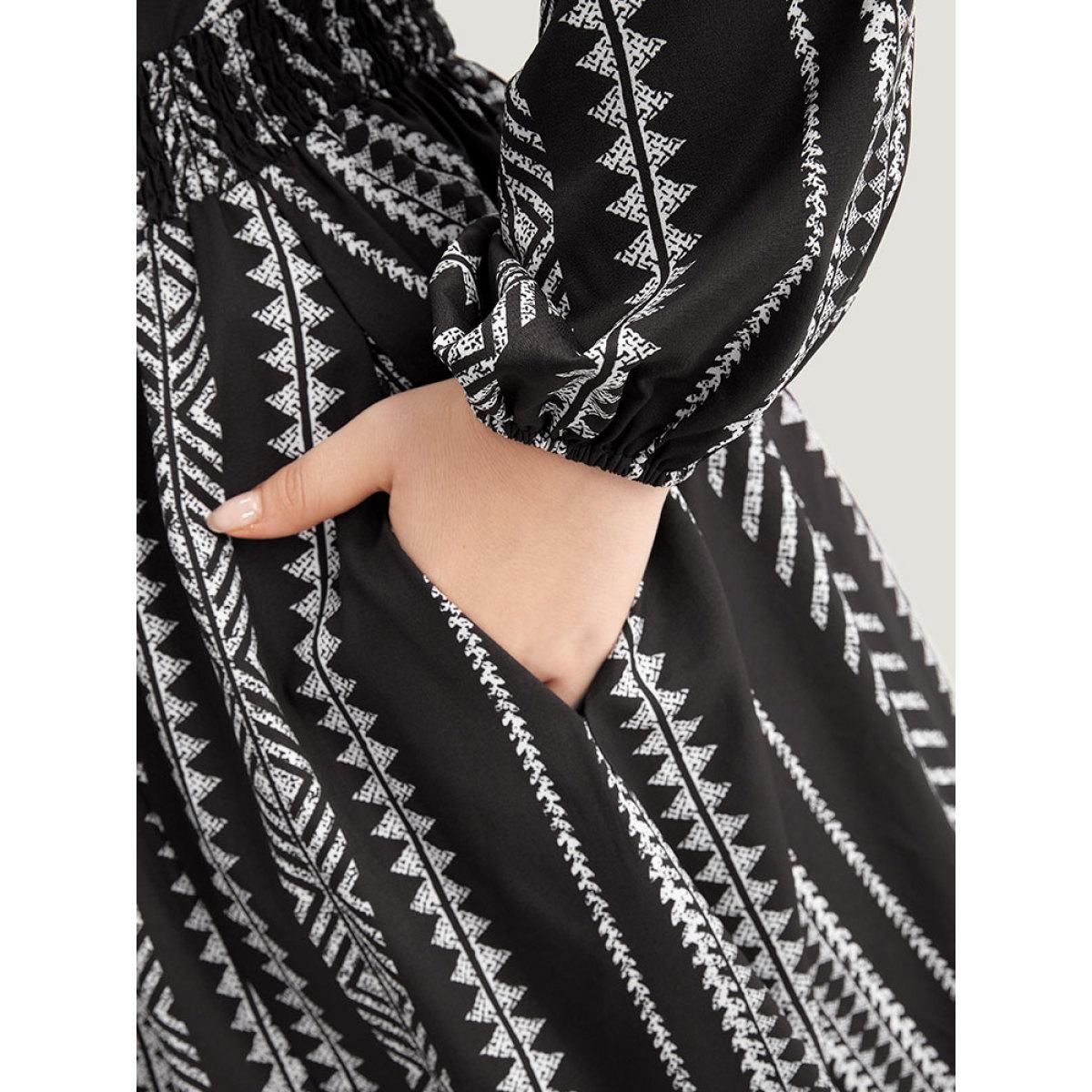 Plus Size Striped Boho Print Shirred Split Hem Dress Black Women Resort Elastic cuffs Notched collar Long Sleeve Curvy Midi Dress BloomChic 10/M Product Image