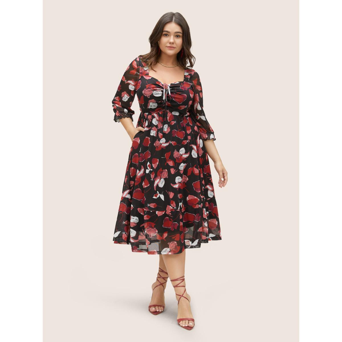 Plus Size Floral Print Drawstring Mesh Ruched Dress Black Women Elegant Lined Square Neck Half Sleeve Curvy Midi Dress BloomChic 22-24/3X Product Image