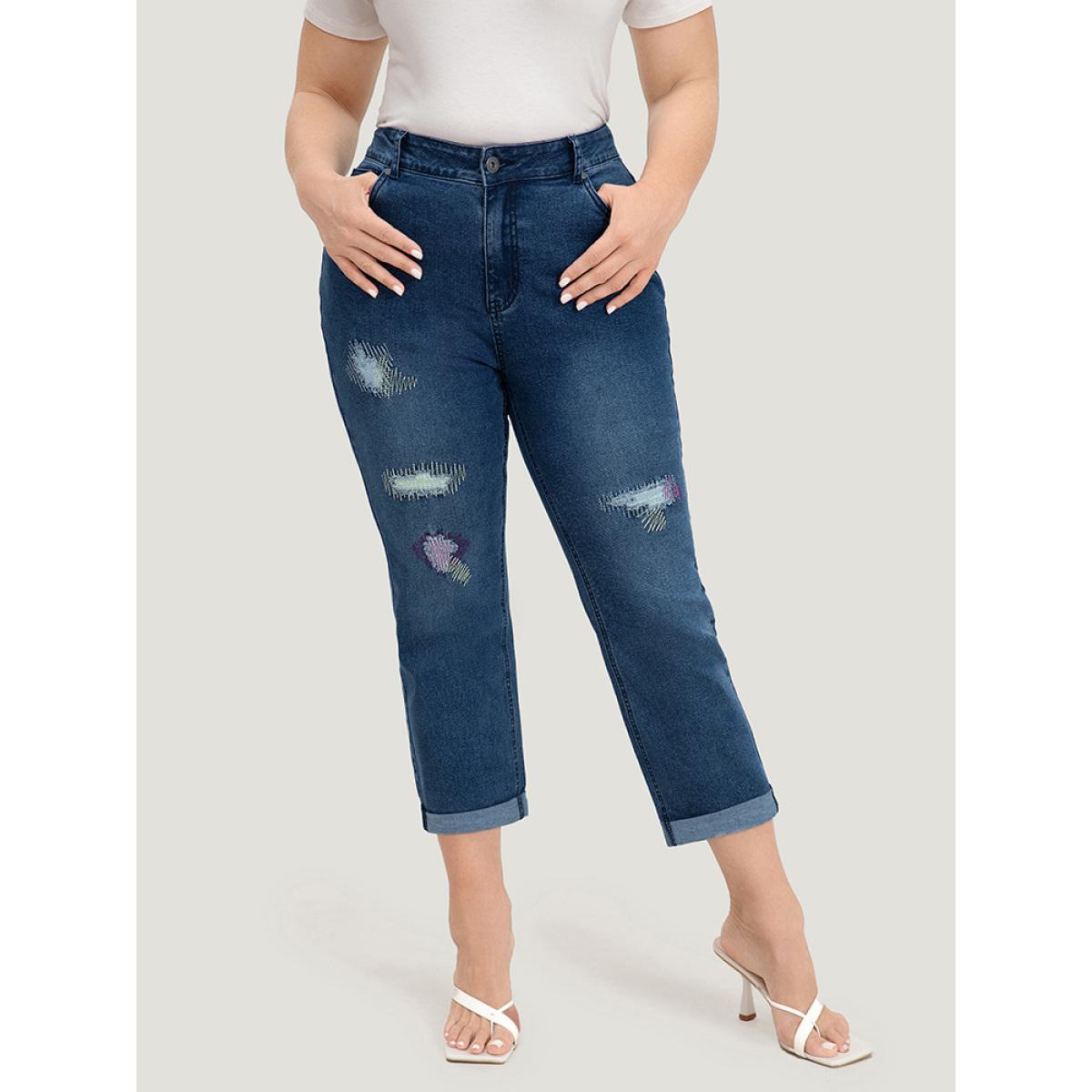 Plus Size Ripped Embroidered Roll Hem Very Stretchy Jeans Women Stone Casual Plain Distressed High stretch Pocket Jeans BloomChic 10/M Product Image