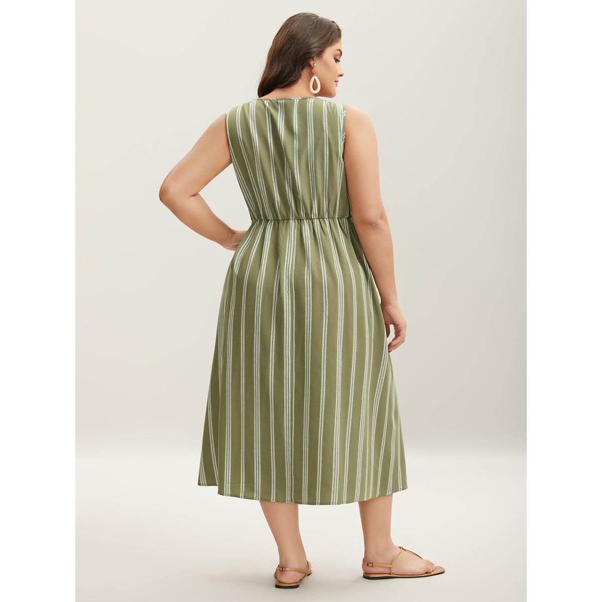 Plus Size Solid Stripes Bust Lace-Up Midi Dress Olive Women V-neck Sleeveless Curvy BloomChic 12/L Product Image