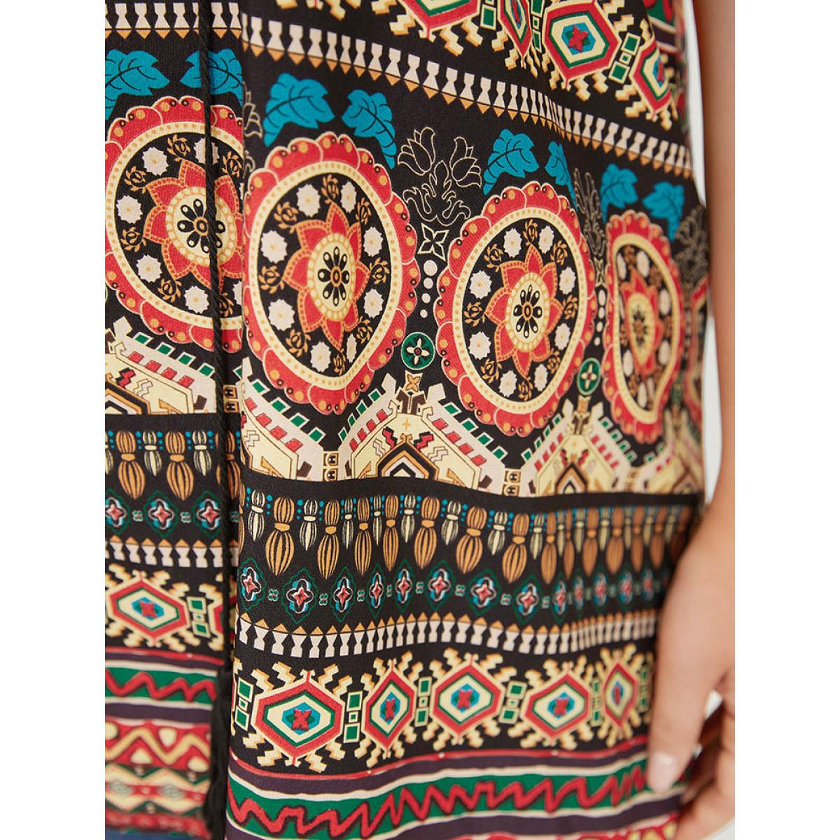 Plus Size Multicolor Moroccan Print Raglan Sleeve Tassels Tie Neck Blouse Women Vacation Short sleeve Tie Neck Dailywear Blouses BloomChic 22-24/3X Product Image