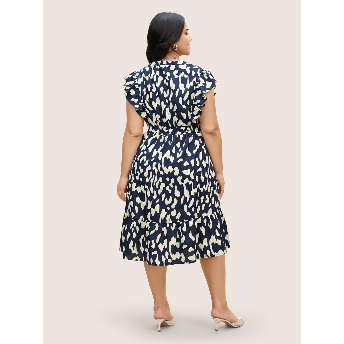 Plus Size Notched Leopard Print Cap Sleeve Ruffles Dress Navy Women At the Office Notched collar Cap Sleeve Curvy BloomChic 28/5X Product Image