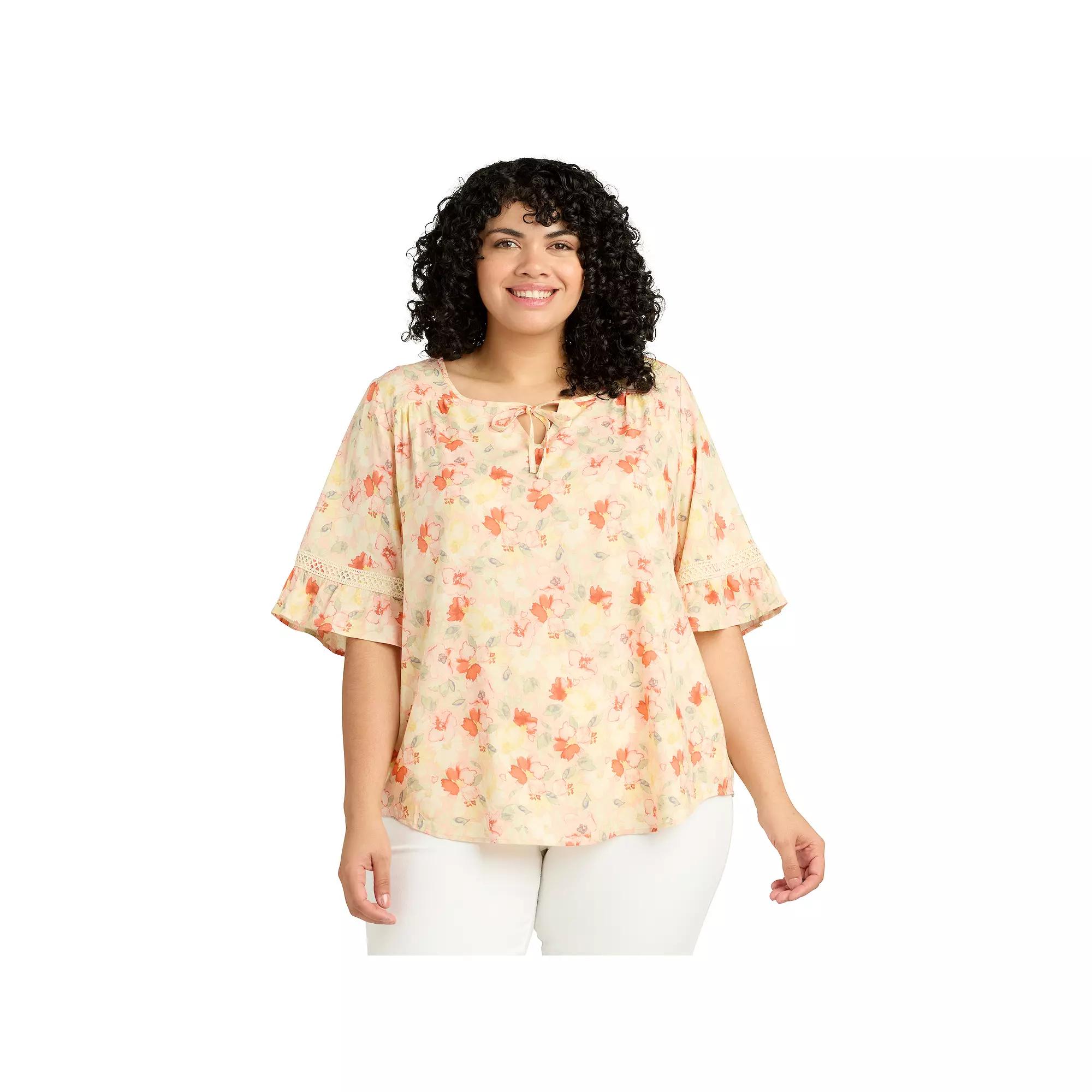 Plus Size AB Studio Elbow Sleeve Tie-Neck Top, Womens Product Image