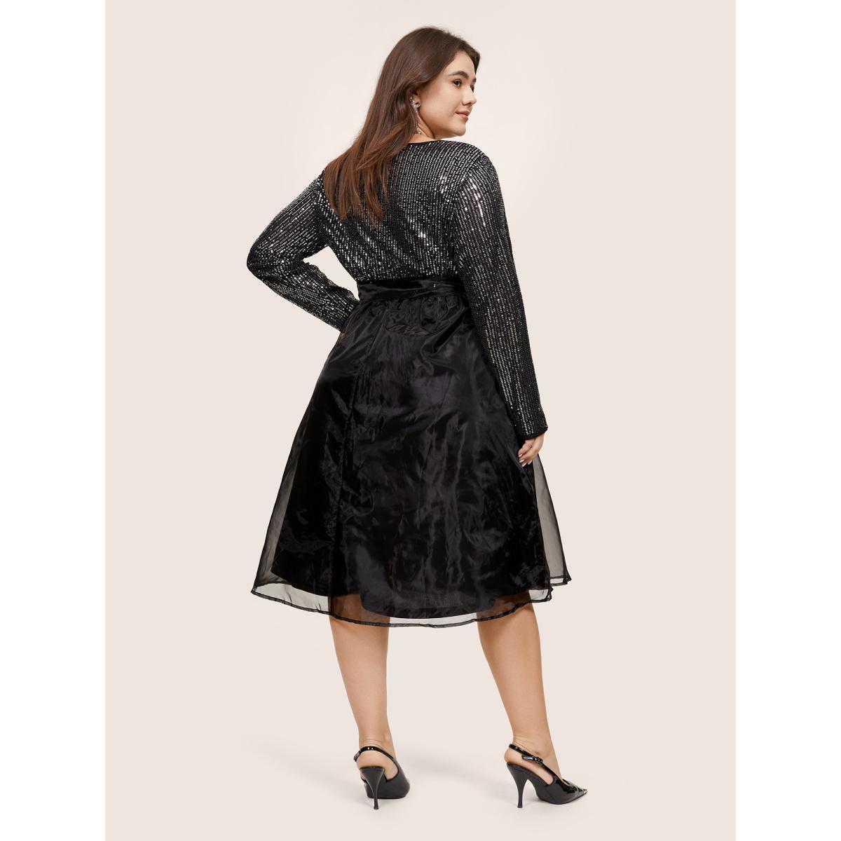 Plus Size Sequin Mesh Patchwork Wrap Belted Dress Black Women Cocktail Sequin Overlap Collar Long Sleeve Curvy Midi Dress BloomChic 26/4X Product Image